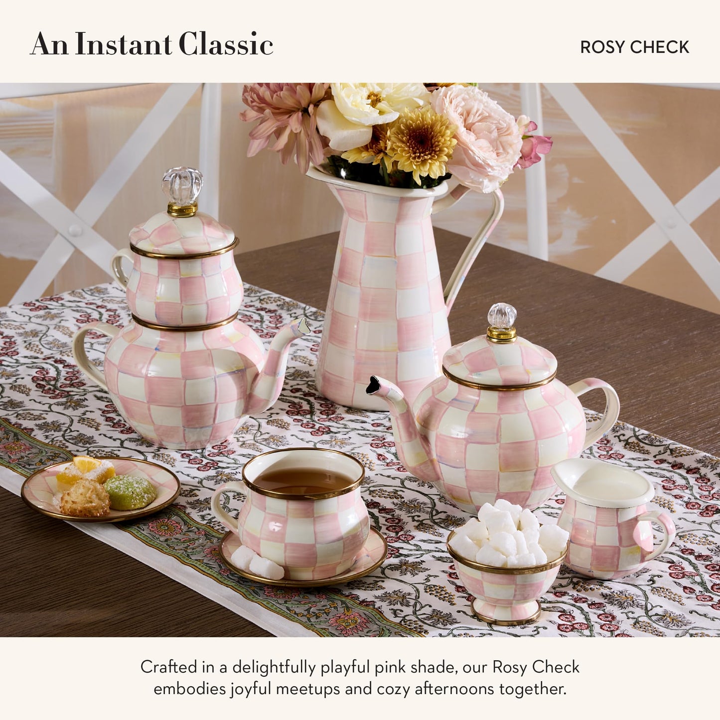 MACKENZIE-CHILDS Enamel Teapot, Cute Small Teapot with Lid, 4-Cup Capacity, Pink-and-White Rosy Check
