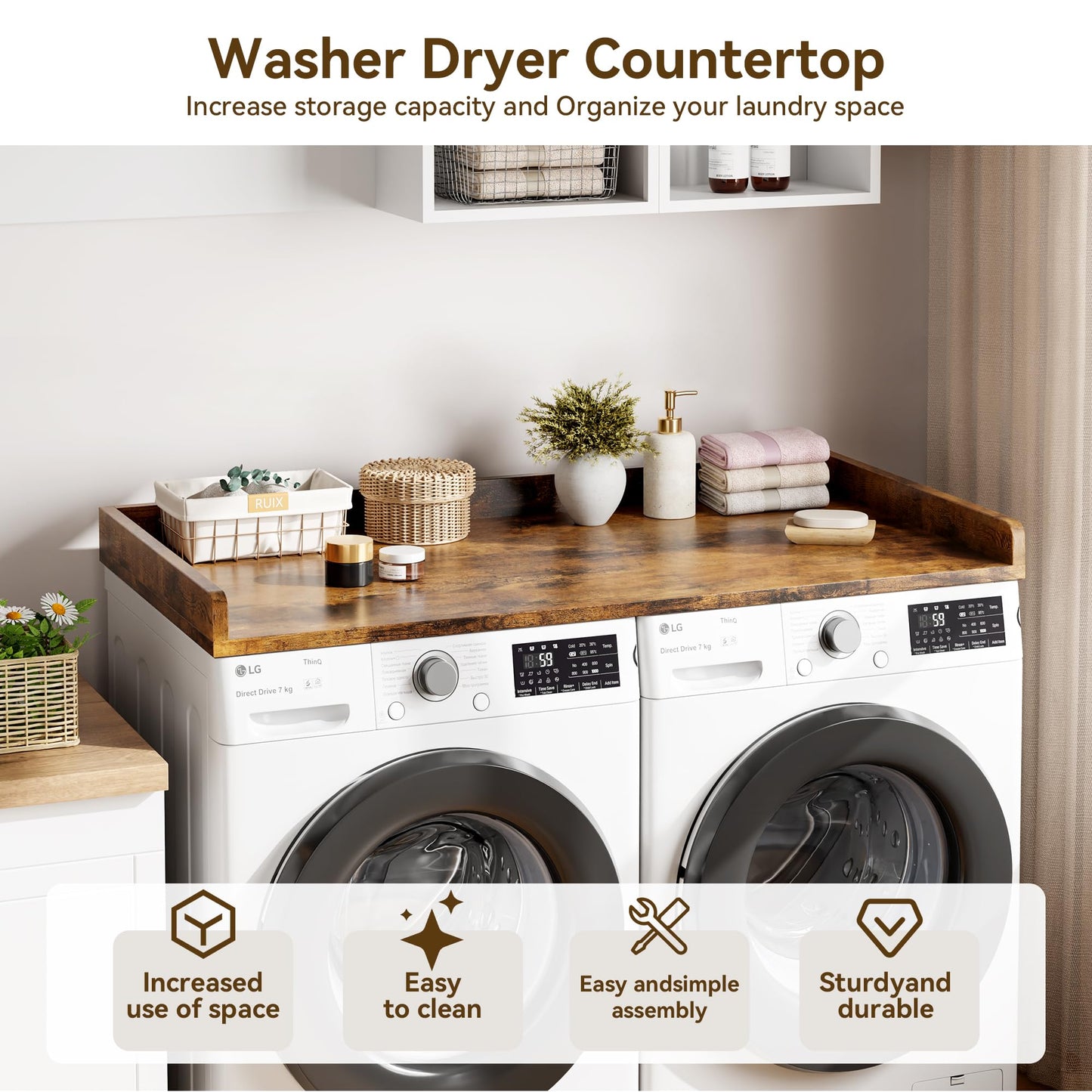 IDEALHOUSE 2-Tier Washer and Dryer Countertop with Shelf or Drawers, Laundry Countertop Cover with Non-Slip Pad, 54"X27.5" Laundry Topper for Folding Clothes Over Washer and Dryer-White