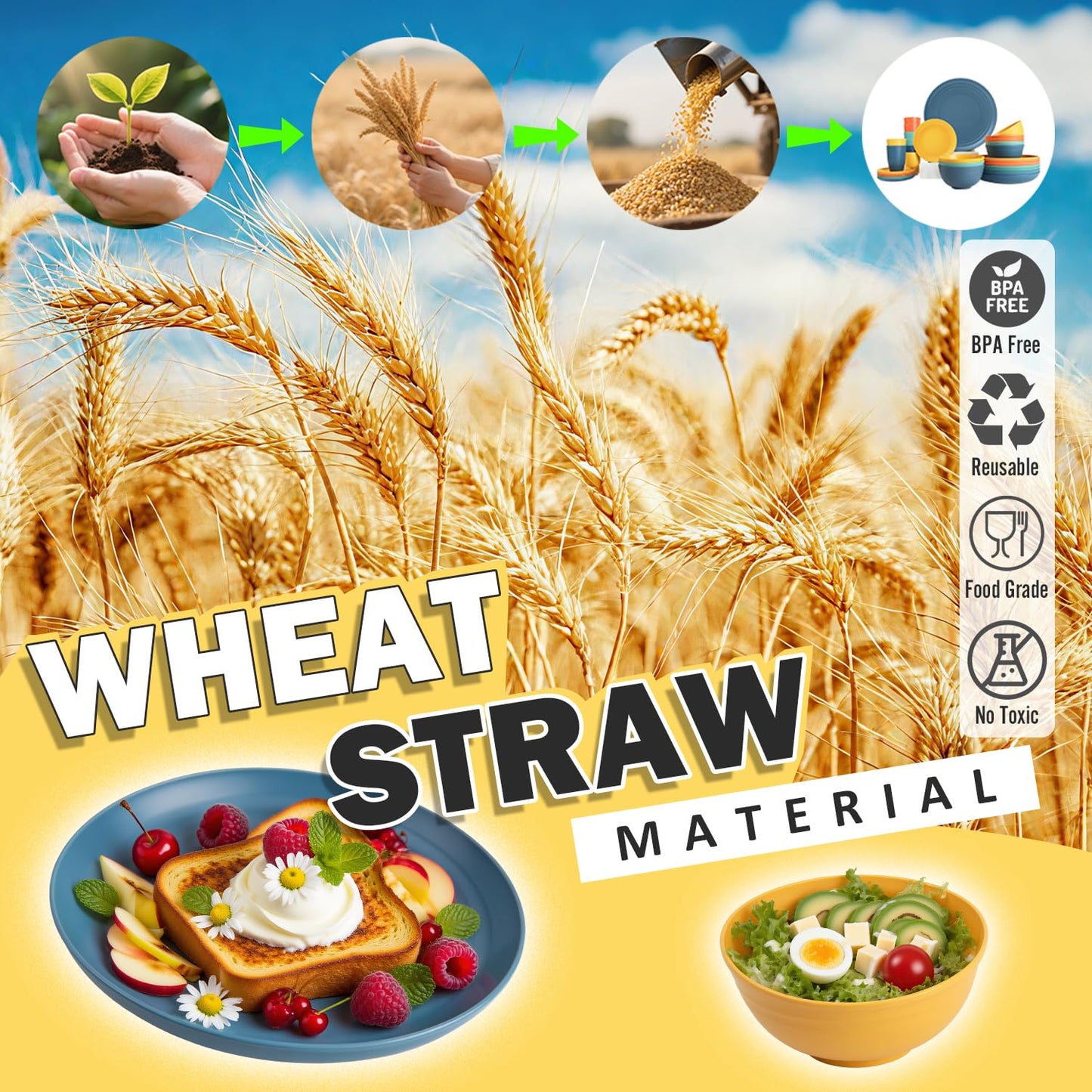 Perlapoc Wheat Straw Dinnerware Sets, Plates and Bowls Sets Unbreakable & Microwave Safe - 32 Piece Service for 8 Dinner Plate Dessert Plate Cereal Bowl Cup for Kitchen & Outdoor - Multi