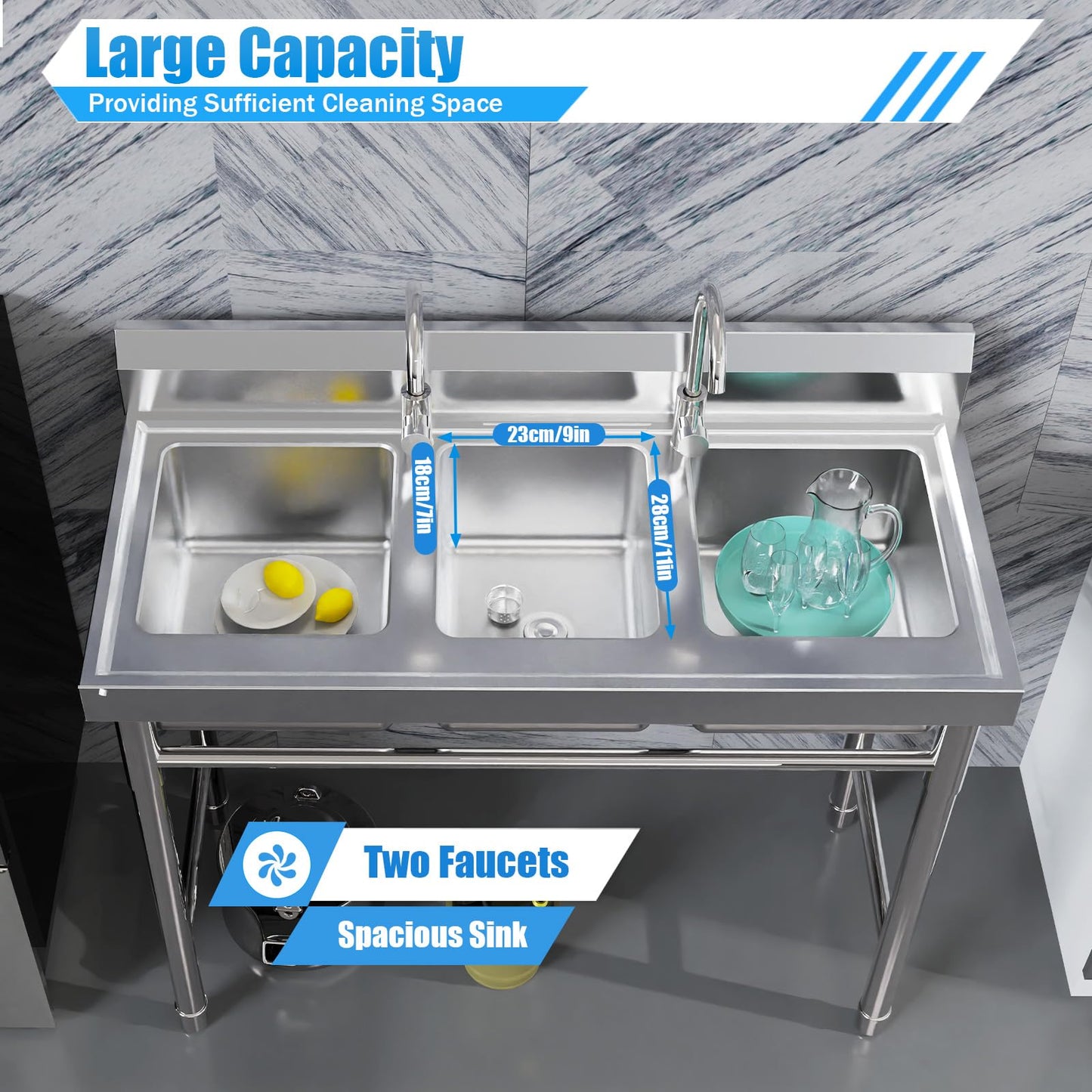 YUASDUU 3 Compartment Sink, 304 Stainless Steel Utility Sink Freestanding Kitchen Sinks Commercial Sinks with 2 Faucet & Cold and Hot Water Pipe Suitable for Food Truck Restaurant, 39'' × 18'' × 36''