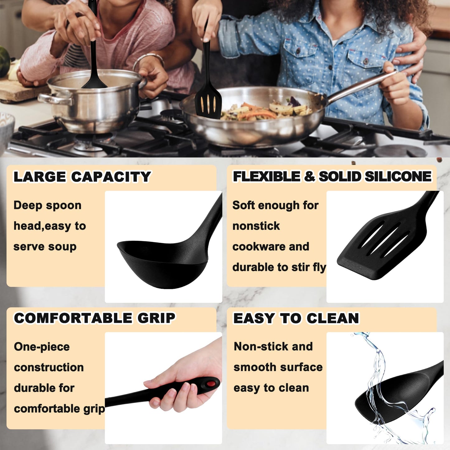 E-far 10 Pieces Silicone Cooking Utensils Set, Heat Resistant Kitchen Utensil Set for Nonstick Cookware, Kitchen Cooking Tools with Spatula, Spoon, Slotted Turner, Non-Toxic & Dishwasher Safe (Black)