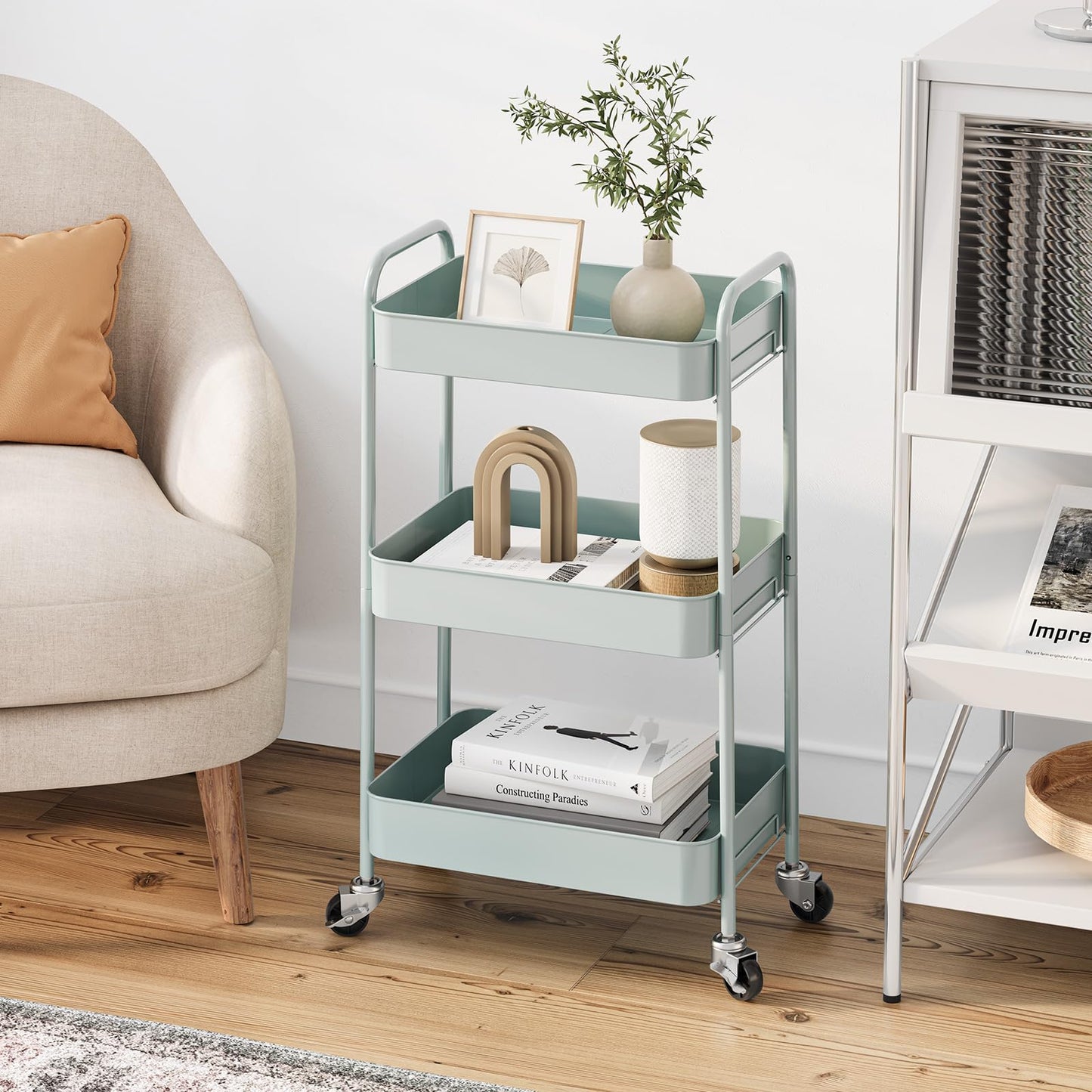 TOOLF 3-Tier Rolling Cart - Metal Utility Storage Organizer with Lockable Wheels, 33 lbs Per Shelf, Tool-Free 5-Min Assembly, for Kitchen Bathroom Office Nursery Craft Room, Green