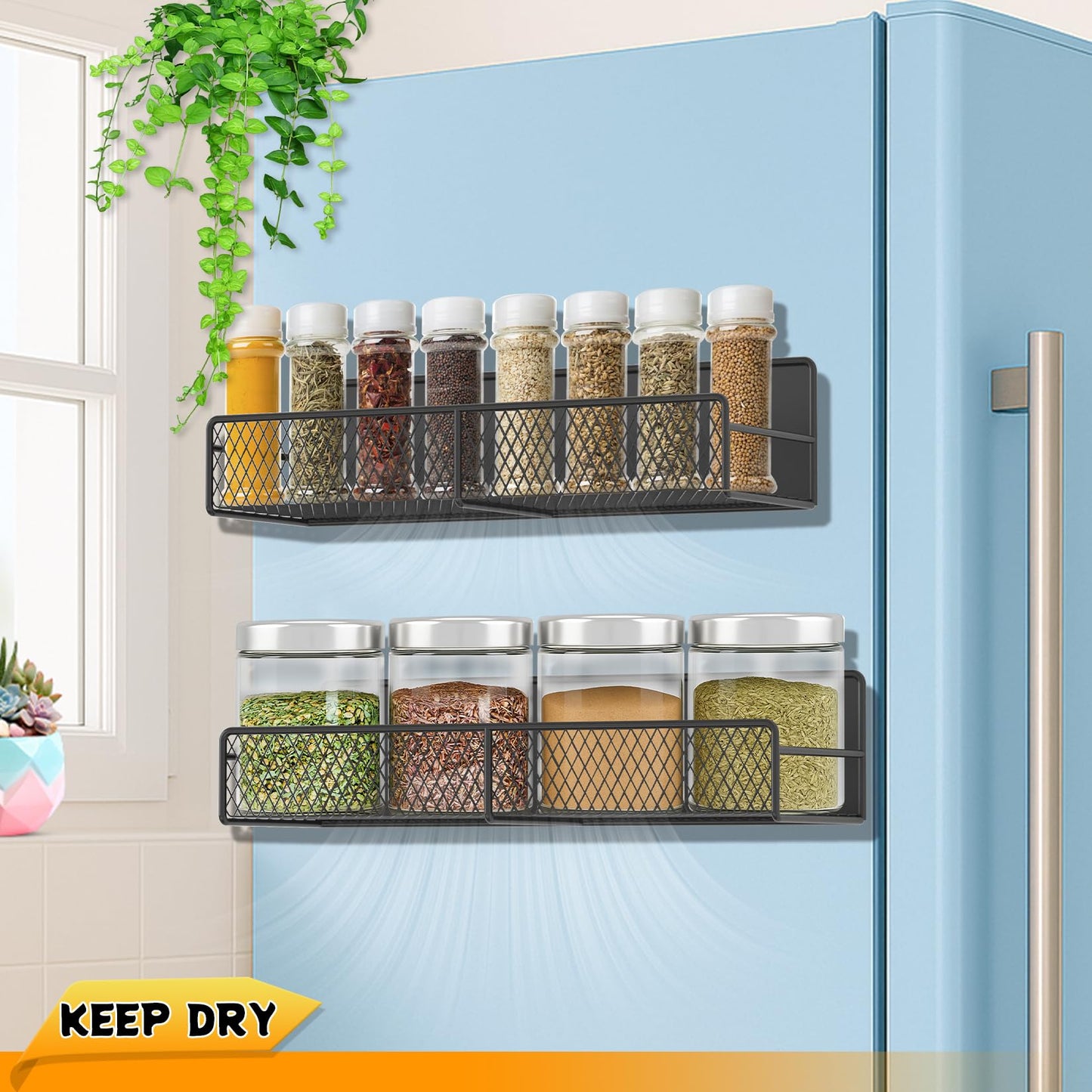 FITIMOR Magnetic Spice Rack for Refrigerator, 2 Pack Magnetic Shelf for Fridge with 4 Hooks, Black Magnetic Shelves, Organization and Storage Kitchen, Magnet Shelf for Fridge, Cabinet Organization