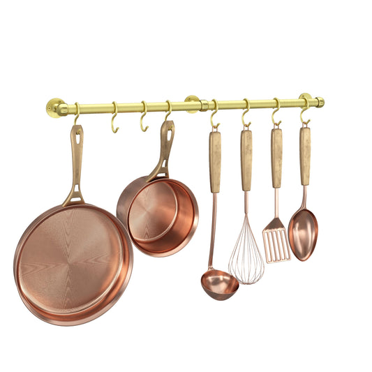ROTHLEY Stainless Steel Hanging Pot Rack Hanger: 23.7 Inch Brass Pot and Pan Hanger Wall Mounted Hanging Pot Bar Rack Heavy Duty Pot Hangers Kitchen Rail with 8 S Hooks