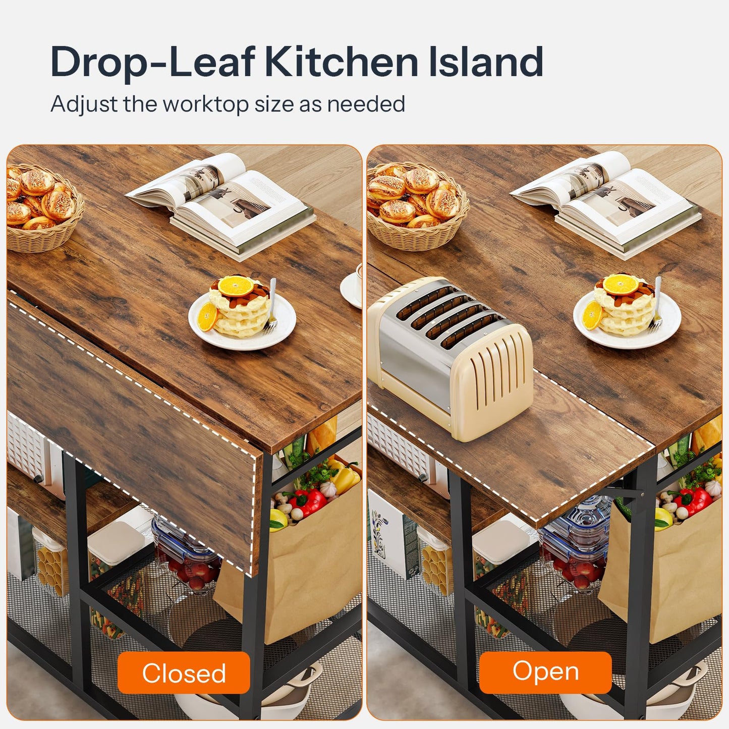 HOOBRO Kitchen Island with Power Outlet, Rolling Kitchen Cart with Drop Leaf, Island Table with Extendable Worktop and Adjustable Shelf, Kitchen Island Cart for Dining Room, Rustic Brown BF22UZD01
