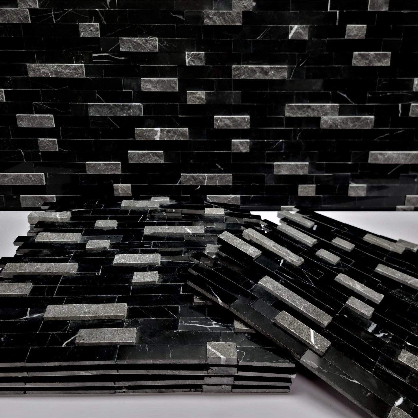 SUNWINGS 5-Sheet Peel and Stick Mosaic Natural 3D Stone Self Adhesive Marble Tiles, 11.5" x 10.7" Stick on Backsplash for Kitchen Bathroom Fireplace Vanity, Mixed Black