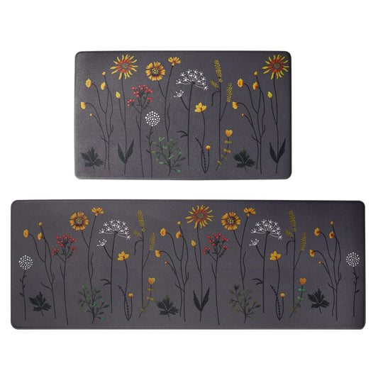 Rempry Kitchen Rugs and Mats Set of 2, Colorful Flowers Kitchen Mats for Floor, Non Slip Cushioned Anti-Fatigue Floor Mats for Kitchen Sink Office, 17"x47"+17"x29"