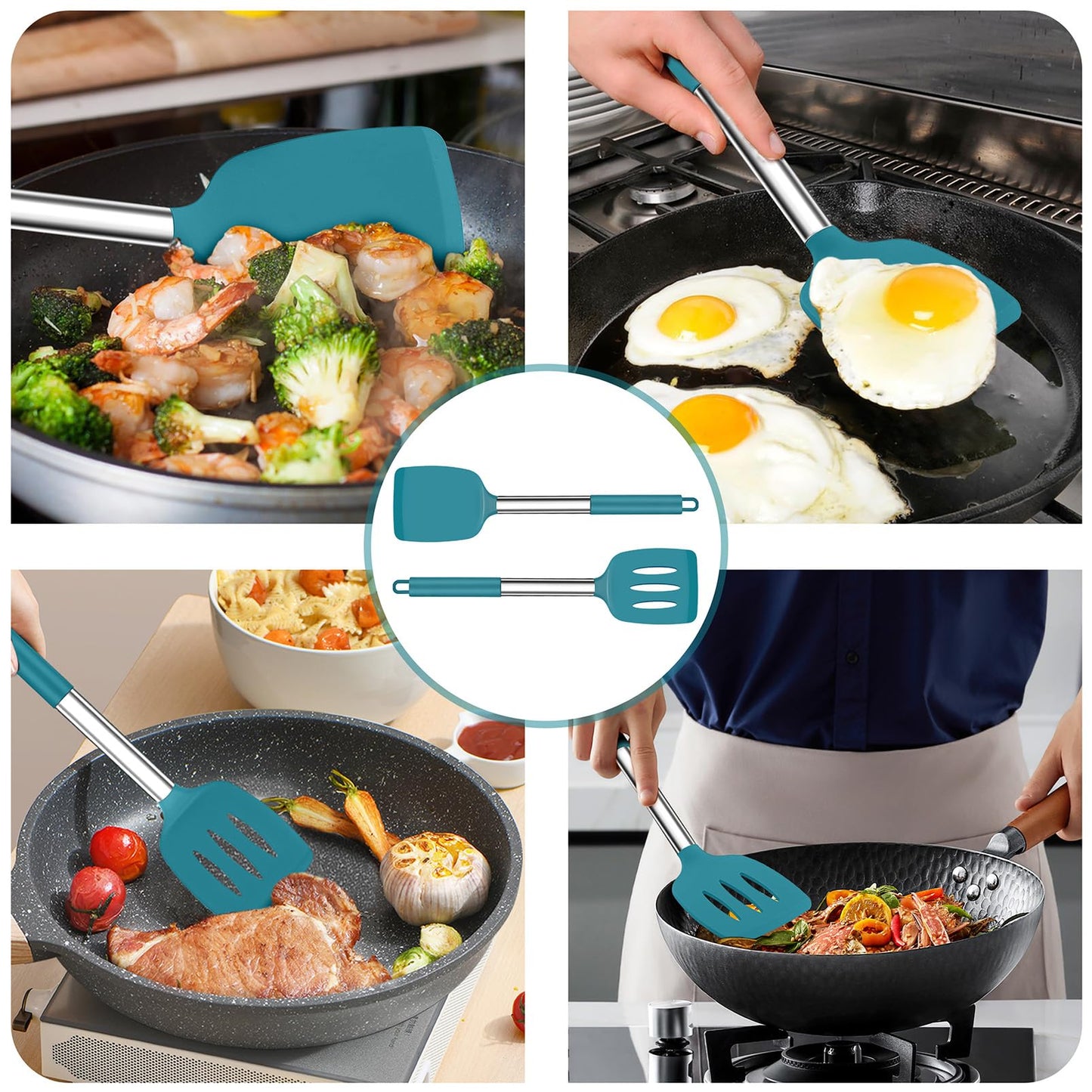 TeamFar Cooking Utensils Set, 4PCS Heatproof Silicone Utensil Kitchen Tools with Stainless Steel Handle, for Non-stick Cookware Flipping Frying Draining, Nontoxic & Non scratch, Easy Clean - Navy Blue