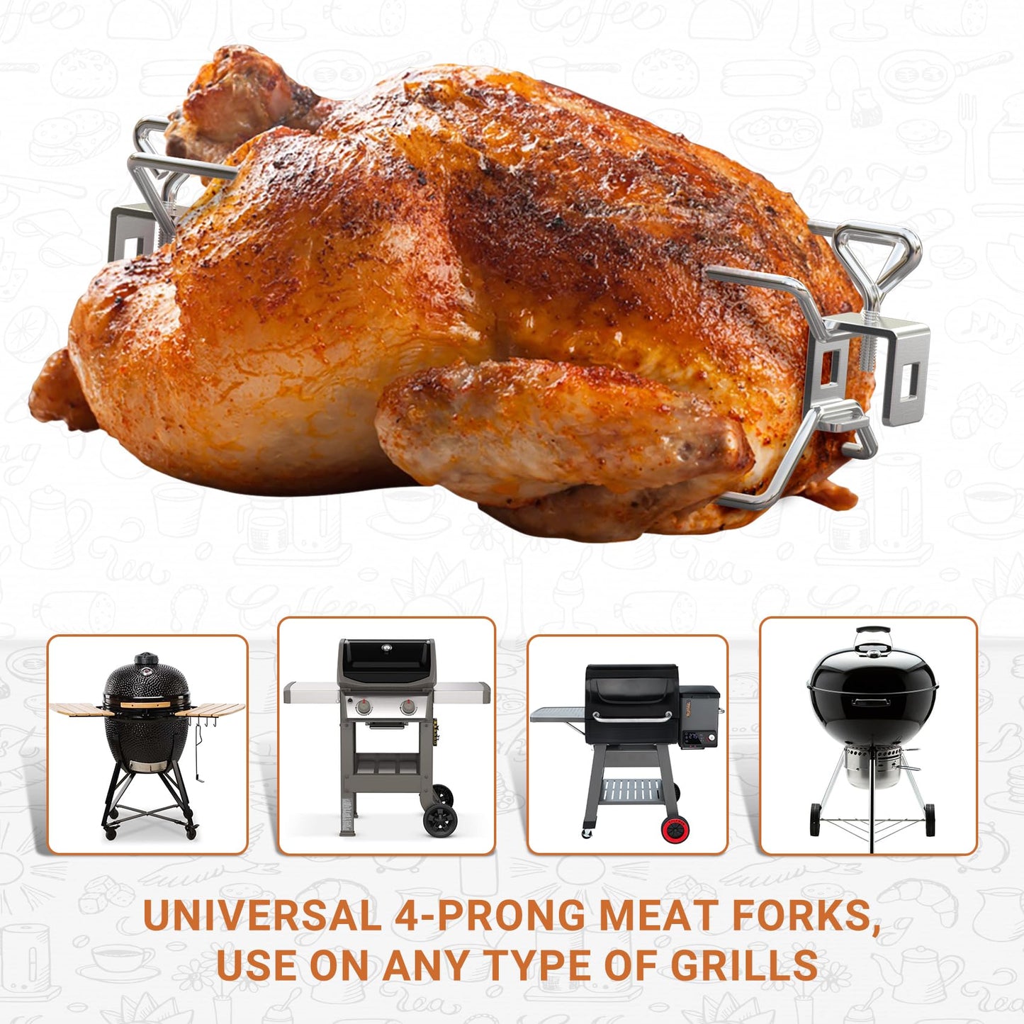 Onlyfire 6102 Stainless Steel Grill Rotisserie Forks(1-Pair)-Fits for Weber 3/8" and 5/16" Square Spit Rods