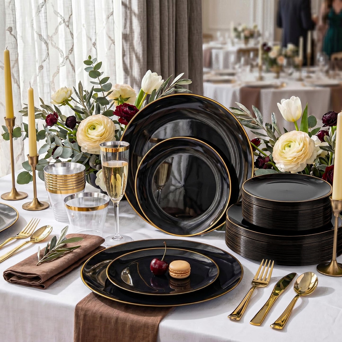 KIRE 100PCS Black and Gold Plates - Black Plastic Plates Disposable with Gold Rim Include 50Pcs 10.25inch Dinner Plate and 50Pcs 7.5inch Dessert/Salad Plate for Party/Wedding/Graduation/Father's Day