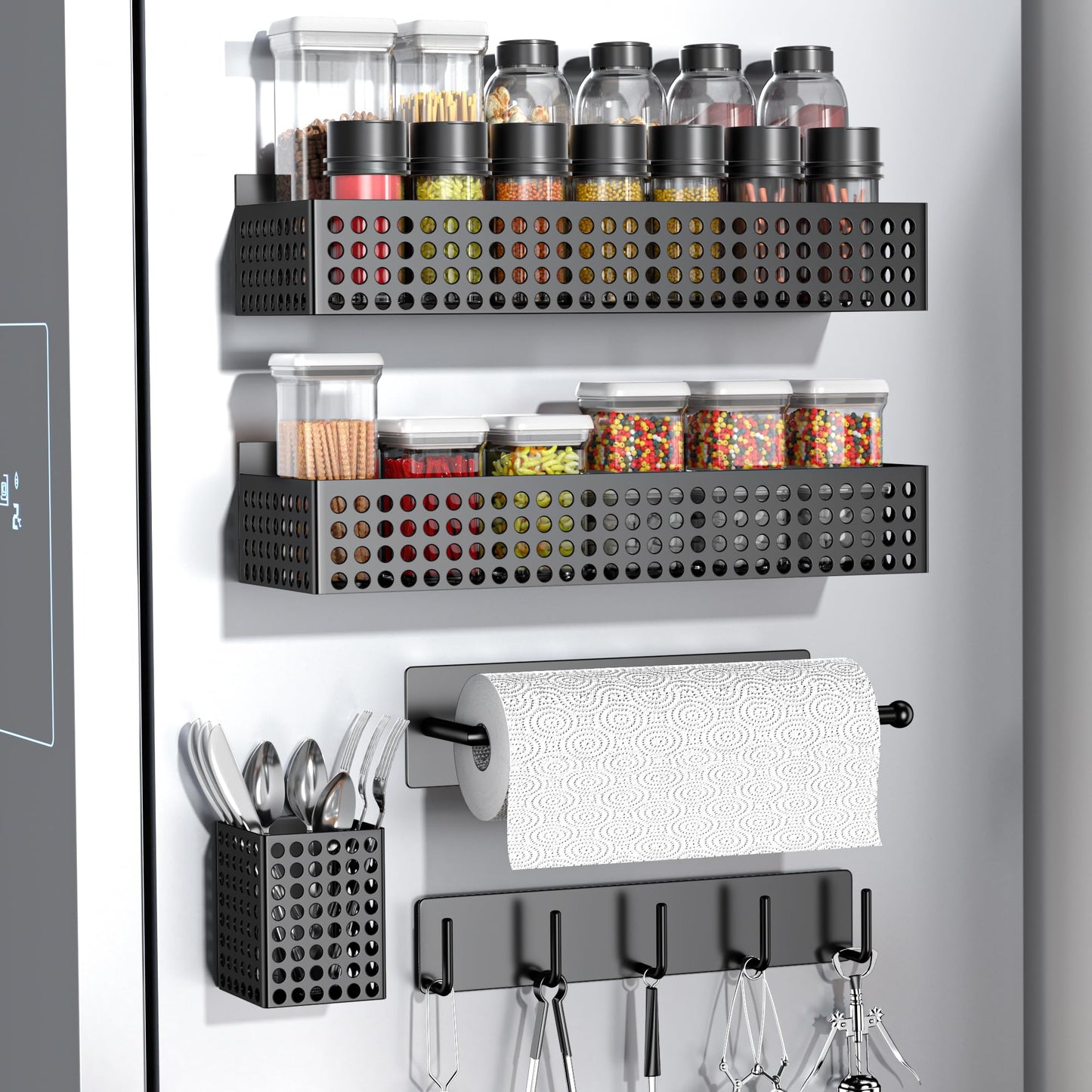 Toosci Magnetic Spice Rack for Refrigerator 2 Tiers and Paper Towel Holder and Utensil Holder, Magnetic Refrigerator Organizer, Strong Magnetic Fridge Shelf, Side Fridge Storage Rack for Kitchen