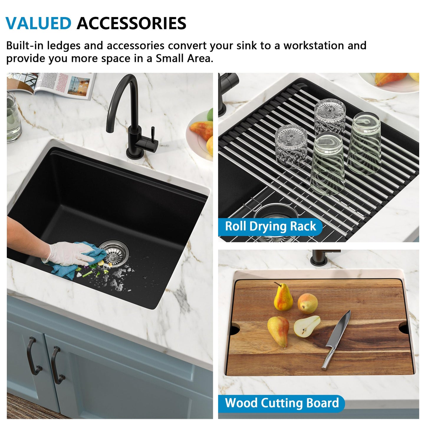 Fulorni 21"x18" Undermount Wet Bar Sink Workstation - Matte Black Granite Composite Quartz Classic Single Bowl Under Counter Small Kitchen Bar Prep RV Sink Basin
