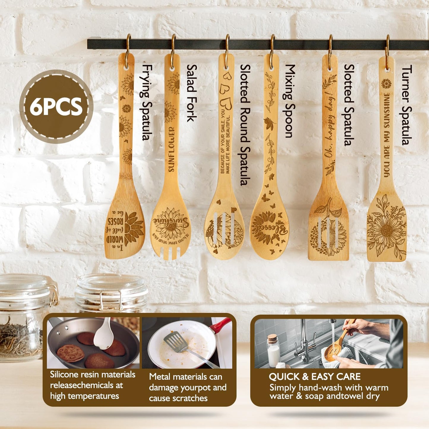 6Pcs Sunflower Engraved Bamboo Spoons Set Kitchen Gifts for Women, You Are My Sunshine Christian Inspired Encouragement Gifts for Mon Grandma, Housewarming & Special Occasion Present