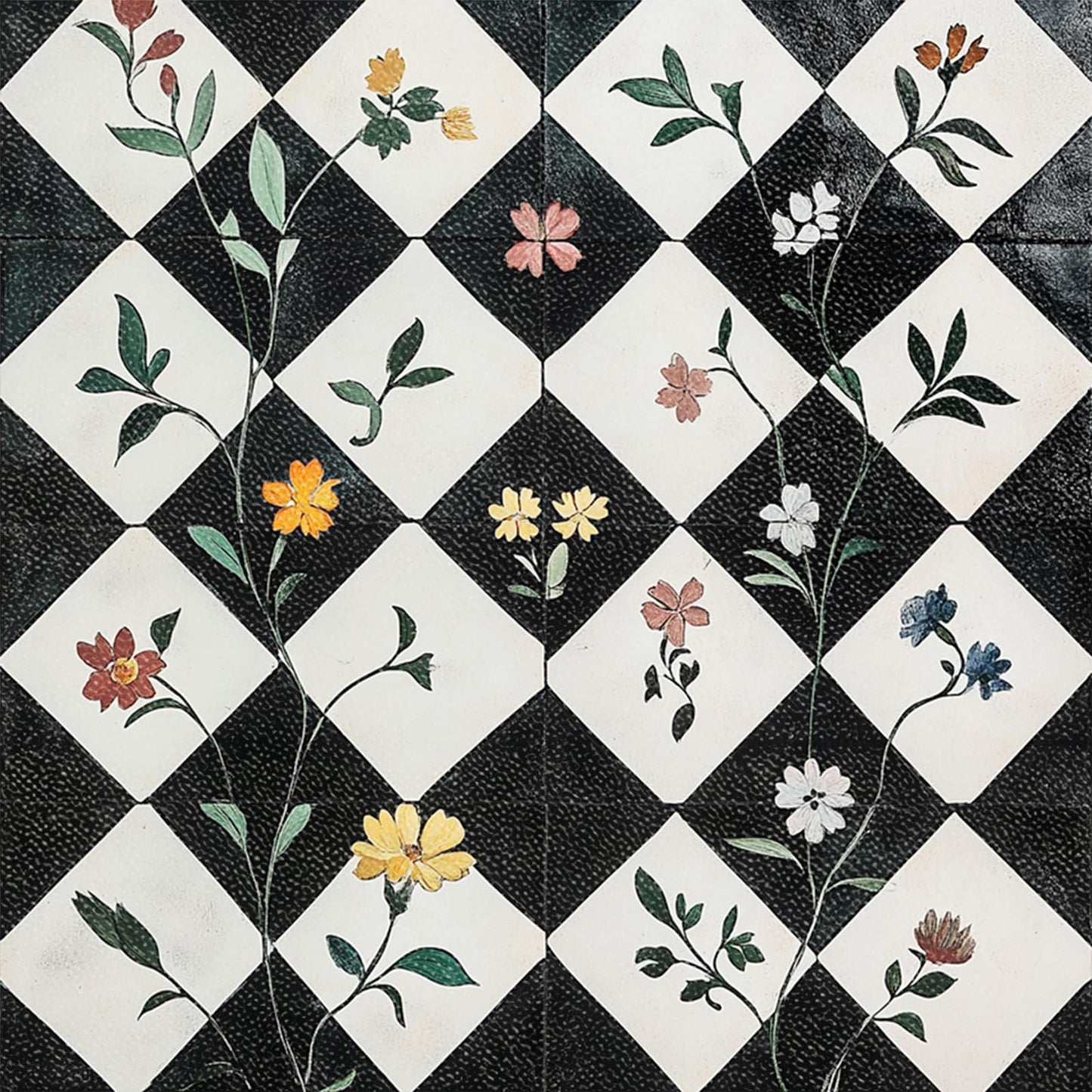 HOMETITUTE 10PCS 12x12 Inch Floral Checkerboard Peel and Stick Floor Tiles Removable Self Adhesive Vinyl Flooring Stickers for Kitchen Entryway Studio Home Decor