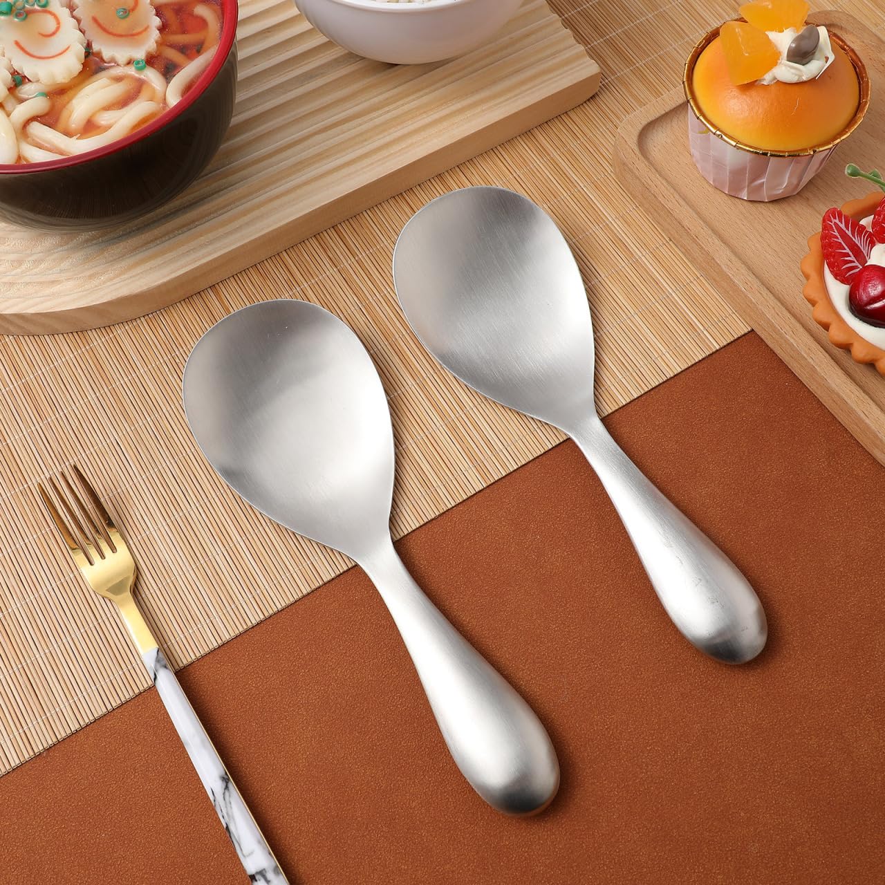 Cabilock 2Pcs Rice Spoons for Serving, Stainless Steel Rice Paddle Spoon Non Stick, Kitchen Silverware Utensils for Home Restaurant