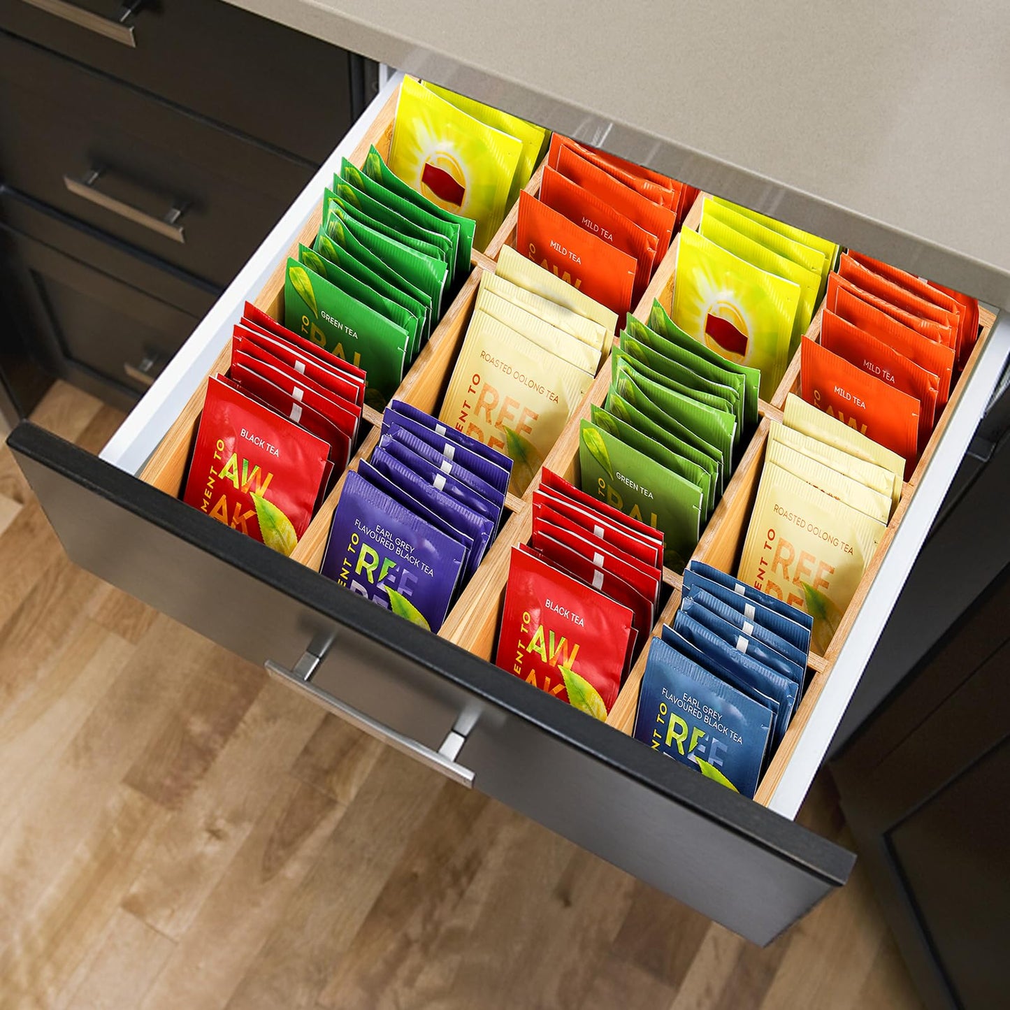Dicunoy 2 Pack Bamboo Tea Bag Organizers, Wood Tea Bag Storage for Drawers with 6 Roomy Compartments, Sturdy Tea Chest Boxes for Shelf, Coffee Station, Sugar Packet, Sweeteners, Small Packets