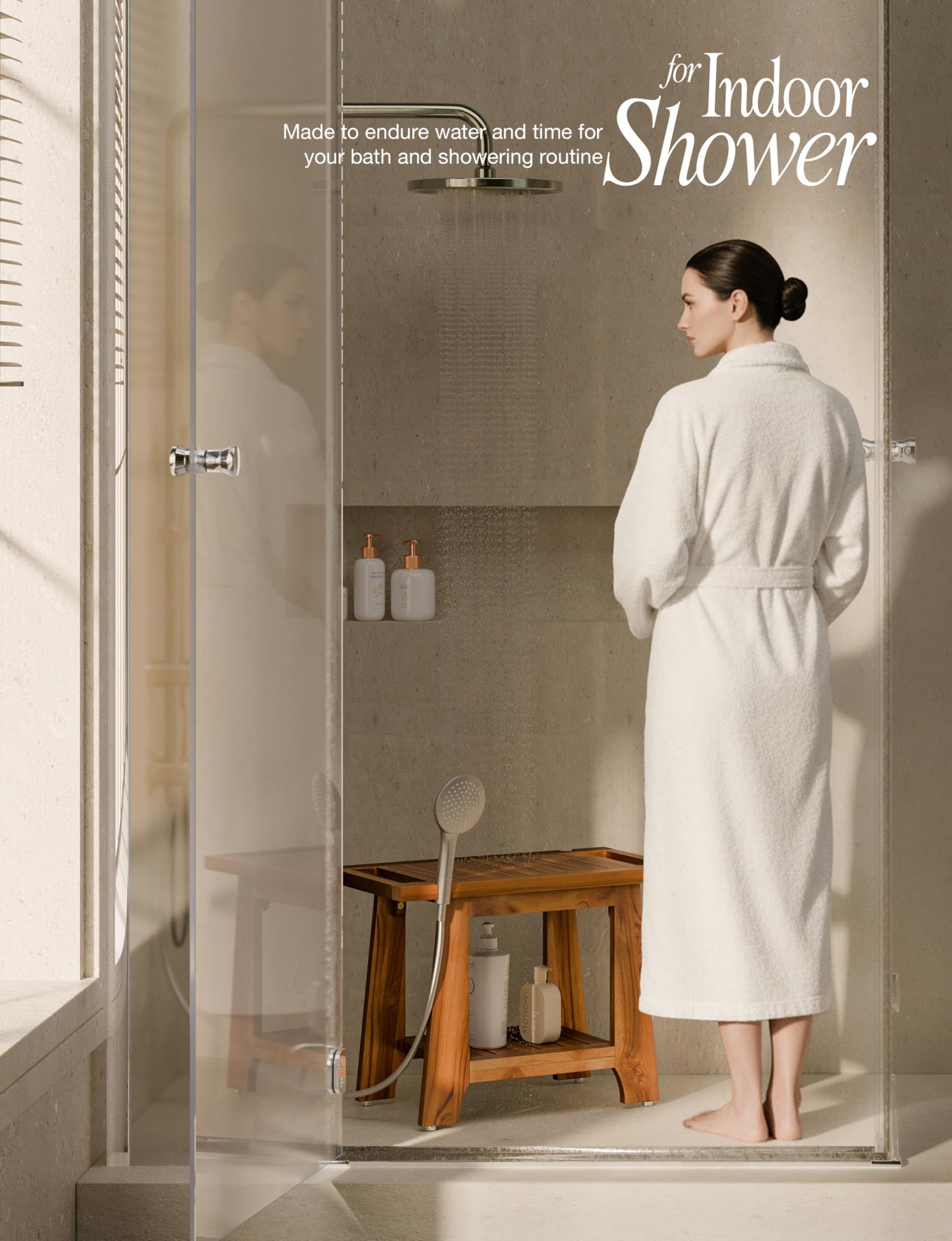 Tinamo 22”L Teak Shower Bench for Inside Showers -400Lbs Capacity-Teak Shower Stool, Wooden Bathroom Bench, Shower Chair for Inside Shower with Handle, Teak Shower Bench, Wood Bench with Shower Holder