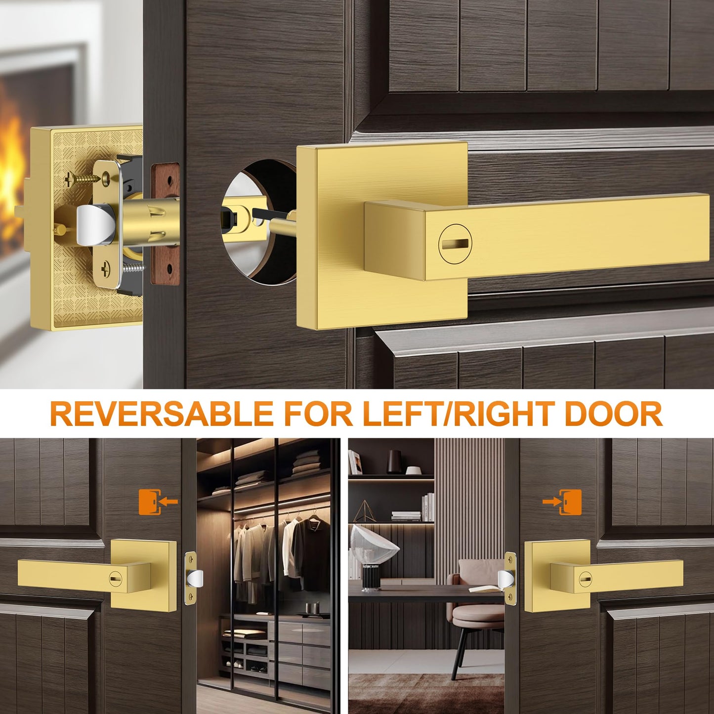 Plustool 6 Pack Brushed Gold Door Handles, Interior Door Knob Heavy Duty, Flat Square Privacy Door Locks, Keyless Door Leverset for Bedroom and Bathroom