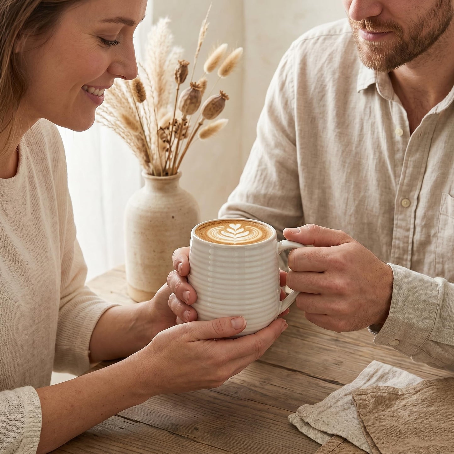 JINGUS Coffee Mugs, 15 Ounce Coffee Cups Set of 6, Ceramic Tea Cups for Latte Milk Cappuccino Cocoa Mocha, Creamy White Mugs with Handle for Mom and Dad as Gifts, Dishwasher & Microwave Safe