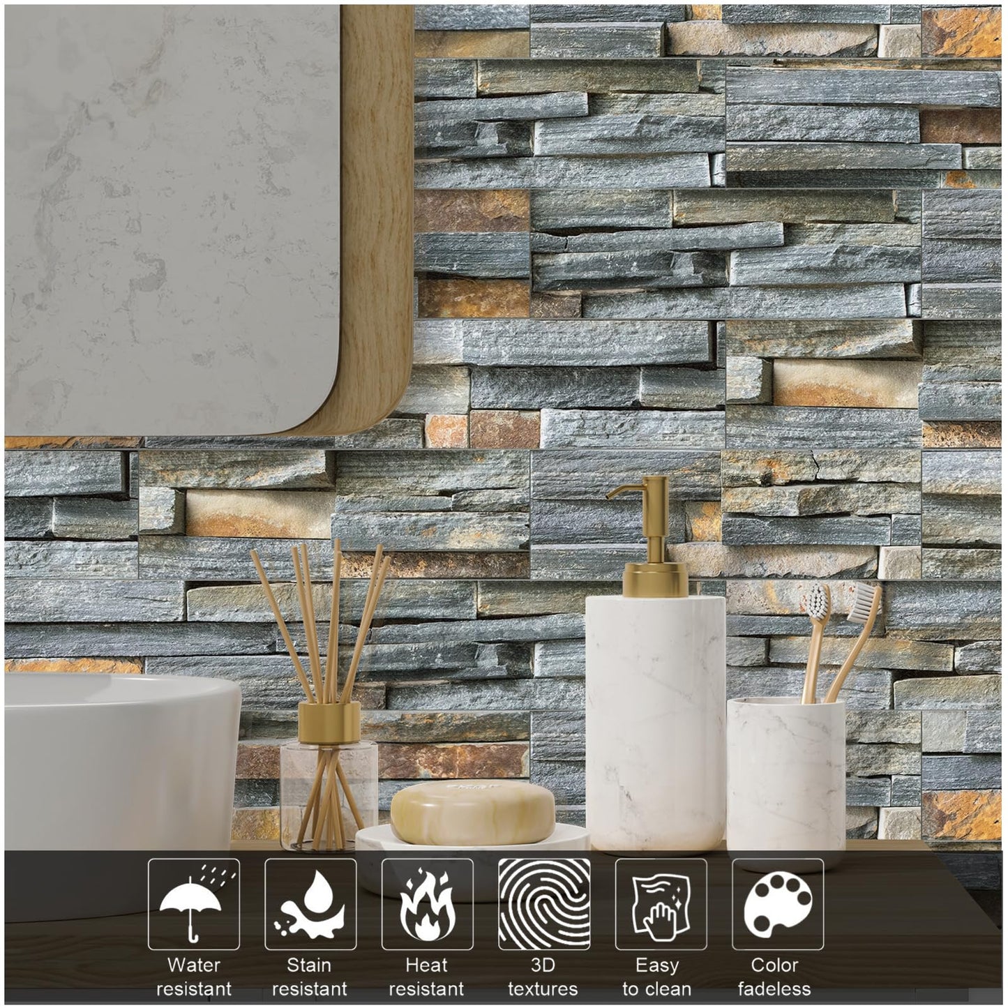 TUOKING 54-Pieces Peel and Stick Backsplash Tiles for Kitchen 4"x 12" PVC Self-Adhesive Subway Matte Faux Stone Wall Panel Brick Stick on Backspalsh for Bathroom(LPM-16-54PCS)