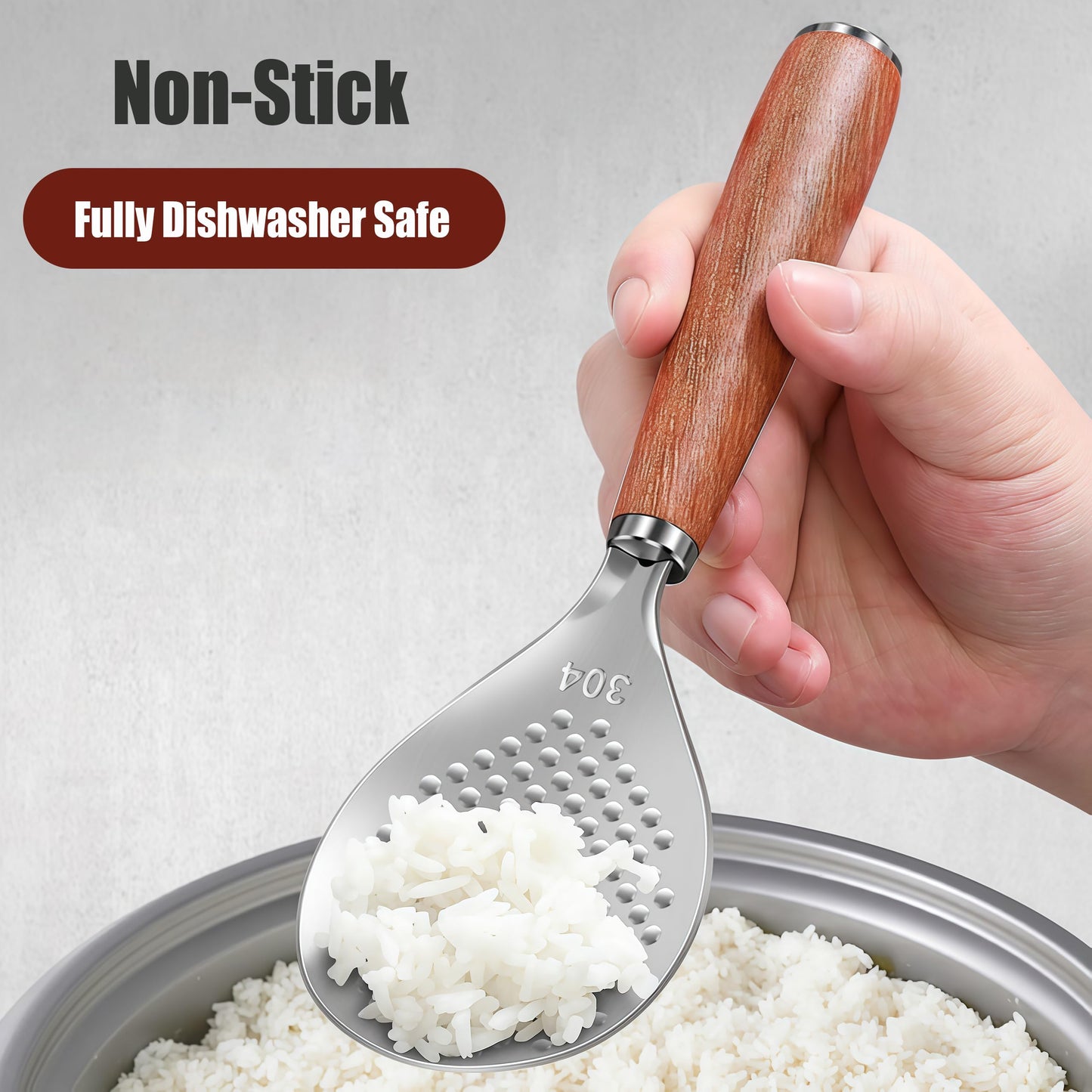 Stainless Steel Rice Paddle with Rosewood Handle, Stand Up Design, Non Stick Head
