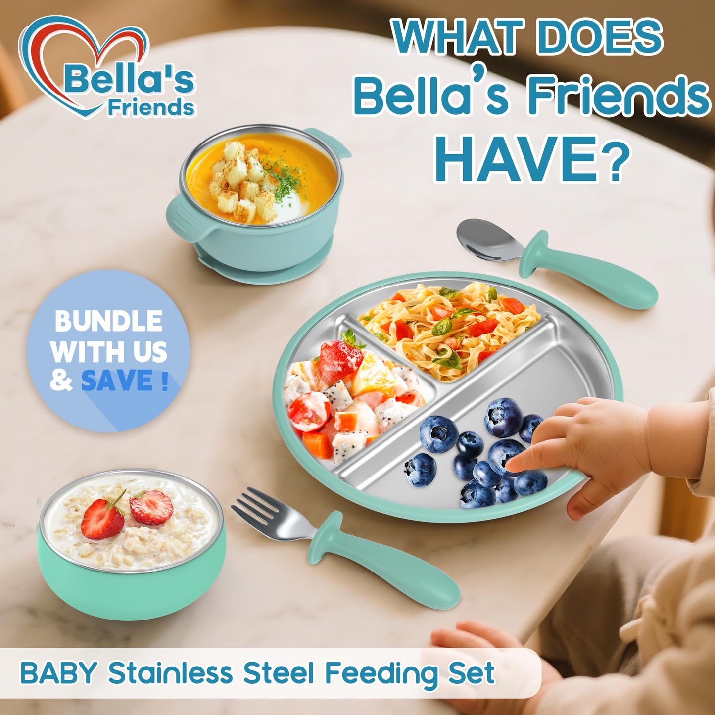 Bella’s Friends Baby Feeding Set, 2 Pack Stainless Steel Divided Plate with Silicone Suction, 2 Set Spoons and Forks, BPA Free, Dishwasher Safe, Baby Led Weaning Supplies, Toddler Utensils,beige green