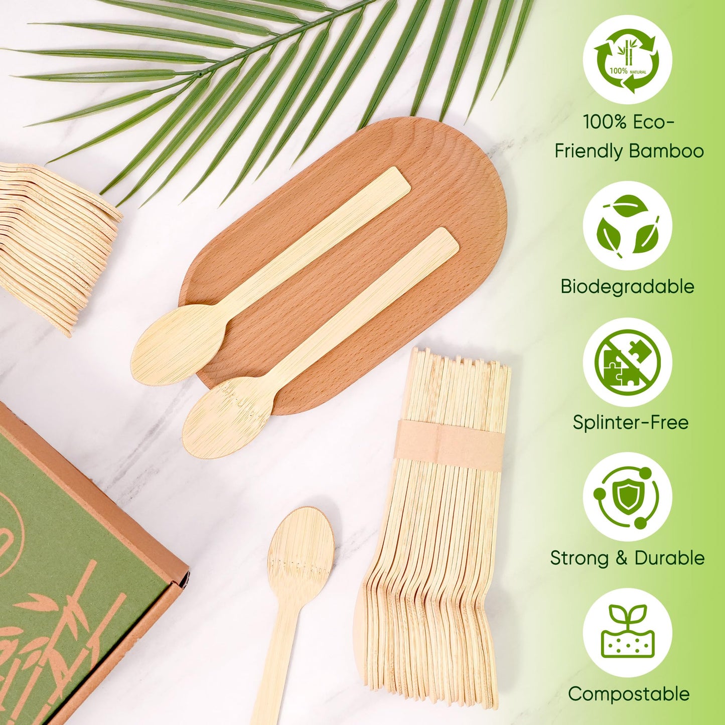 FEHHTO Disposable Bamboo Utensils Set, Compostable Cutlery, Eco-Friendly Disposable Silverware for Parties, Catering, Office Lunches –100 PCS Spoons
