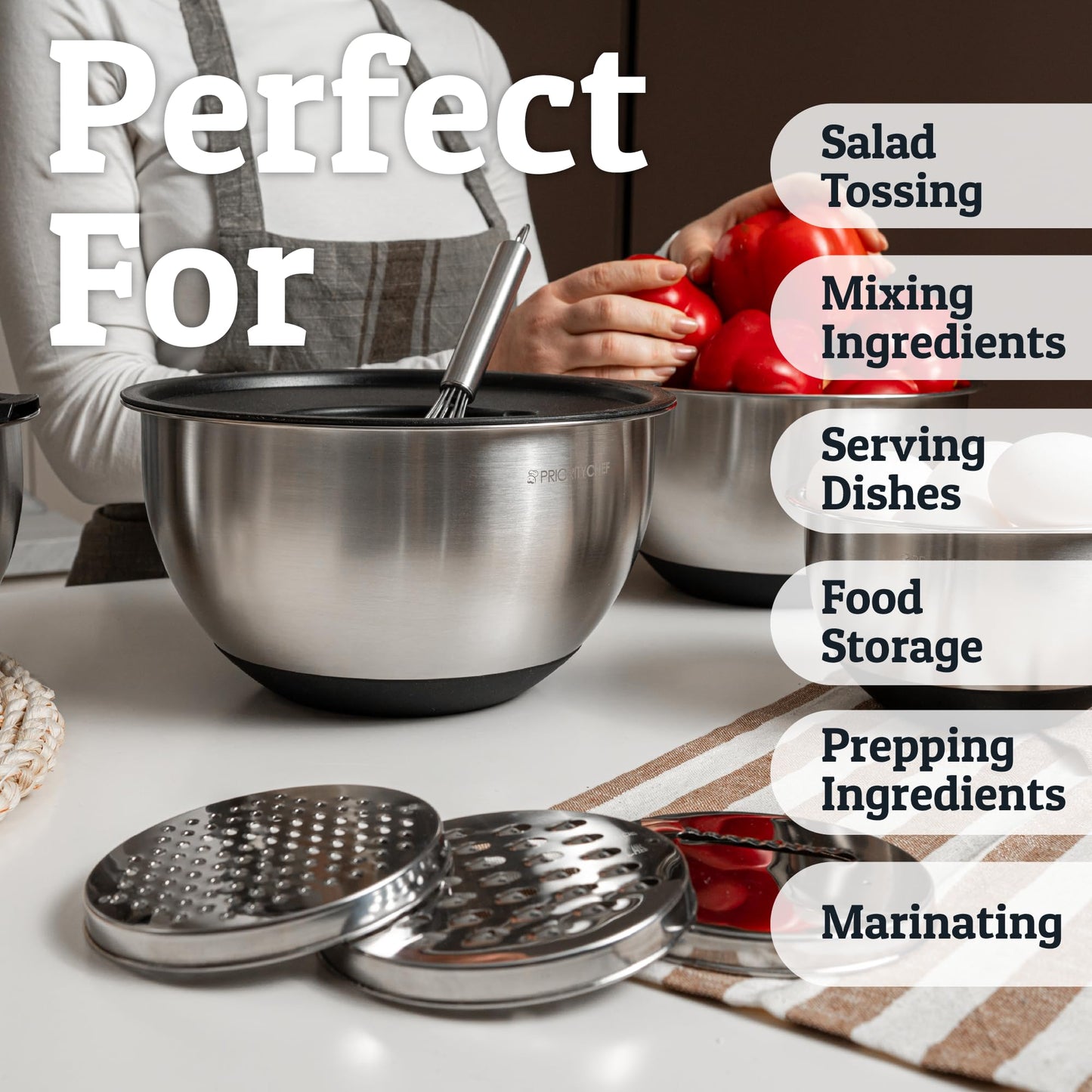 Priority Chef Stainless Steel Mixing Bowls with Lids Set, 3 Grater Attachments, Airtight Lids, Non-Slip Silicone Base Mixing Bowl Set, Large Prep Metal Mixing Bowls for Kitchen, Black
