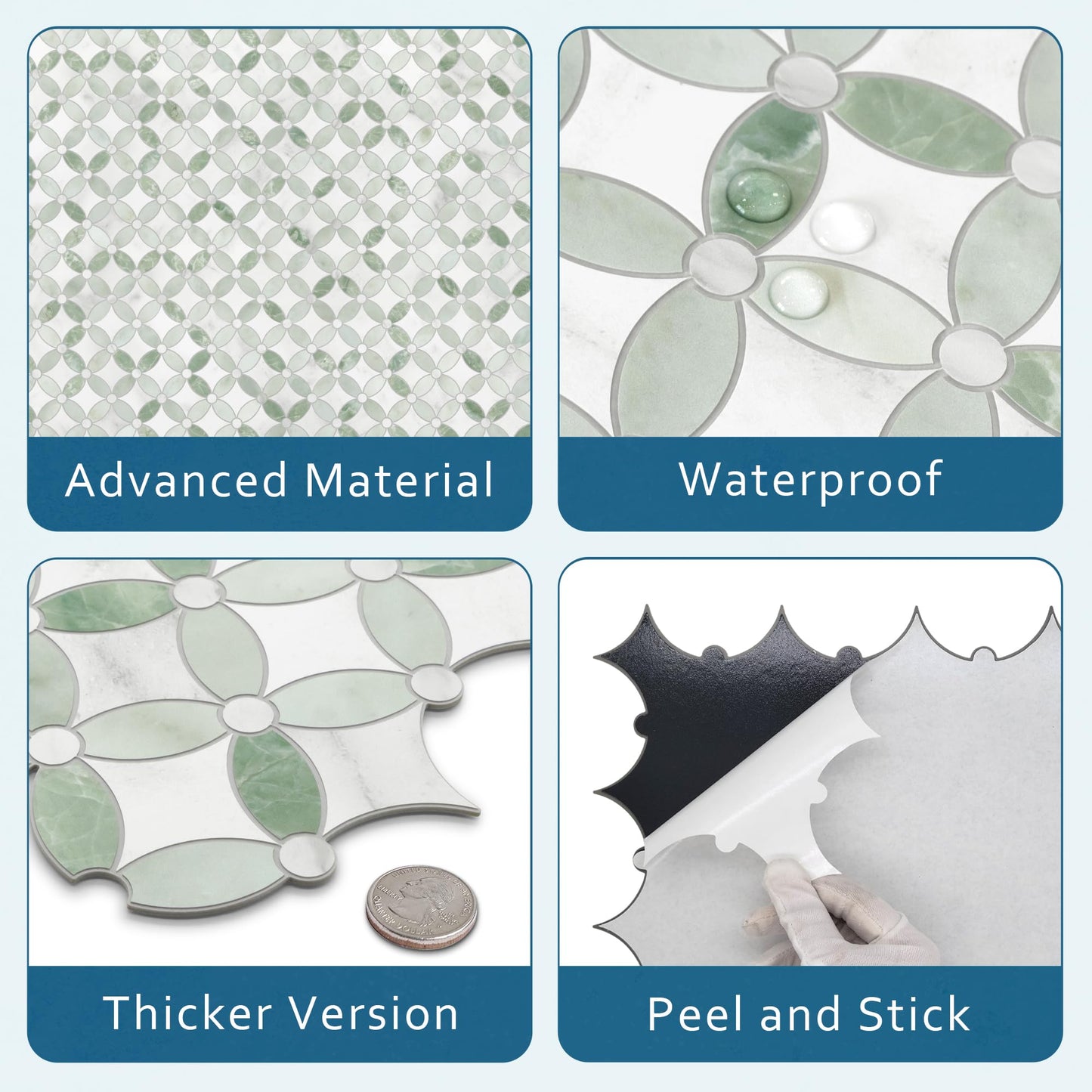 SUNWINGS 10-Sheet Peel and Stick Backsplash Coin Waterjet Tile, 11.2" x 11.2" Green Marble Looks Self Adhesive Wall Tile Stick on Backsplash for Kitchen, Bathroom, Fireplace, Shower