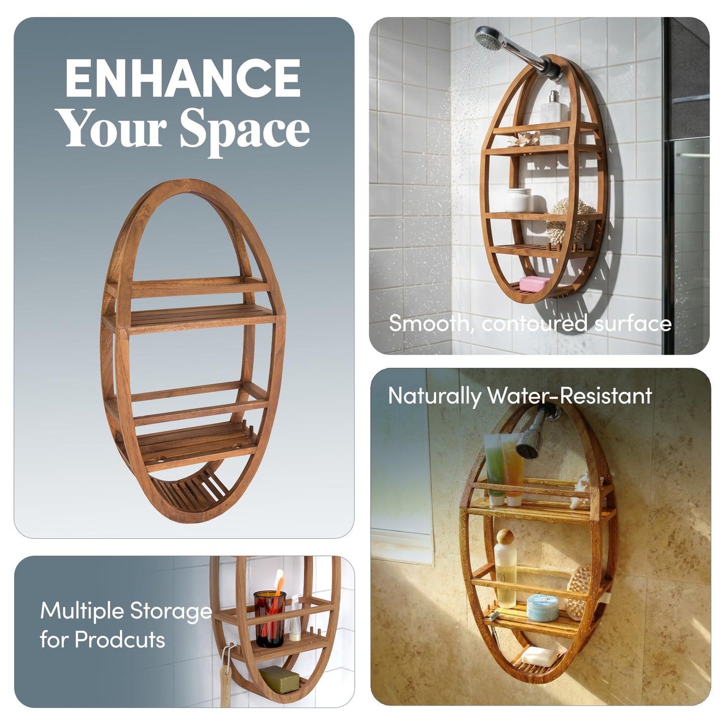 AquaTeak Patented Moa Oval Teak Shower Organizer - Hanging Shower Caddy with Wood Shelves, Hooks & Soap Holder - Durable, Water-Resistant Bathroom Storage with Space-Saving Design
