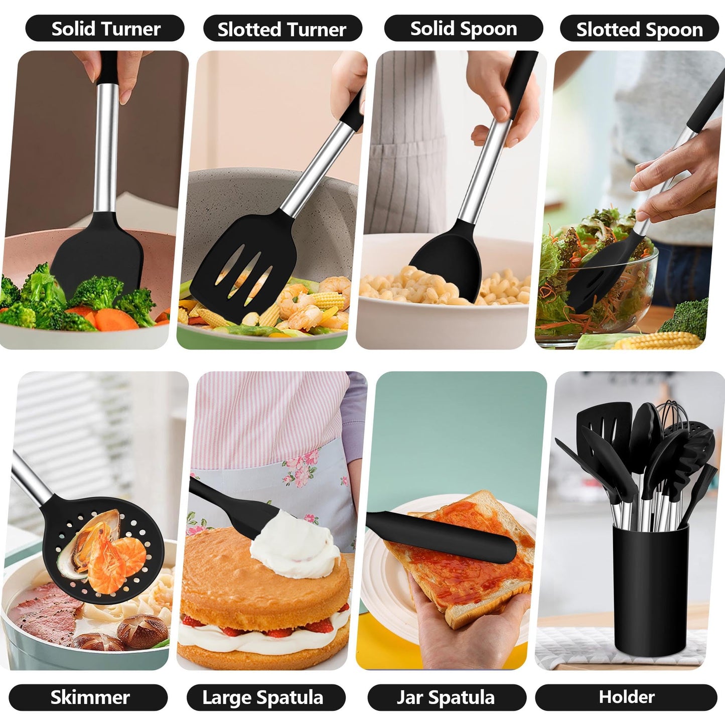 TeamFar Kitchen Utensil Set of 14, Silicone Cooking Utensil Set with Stainless Steel Handle, for Frying Serving Flipping Draining, Non-toxic & Heatproof, Nonstick & Dishwasher Safe - Black
