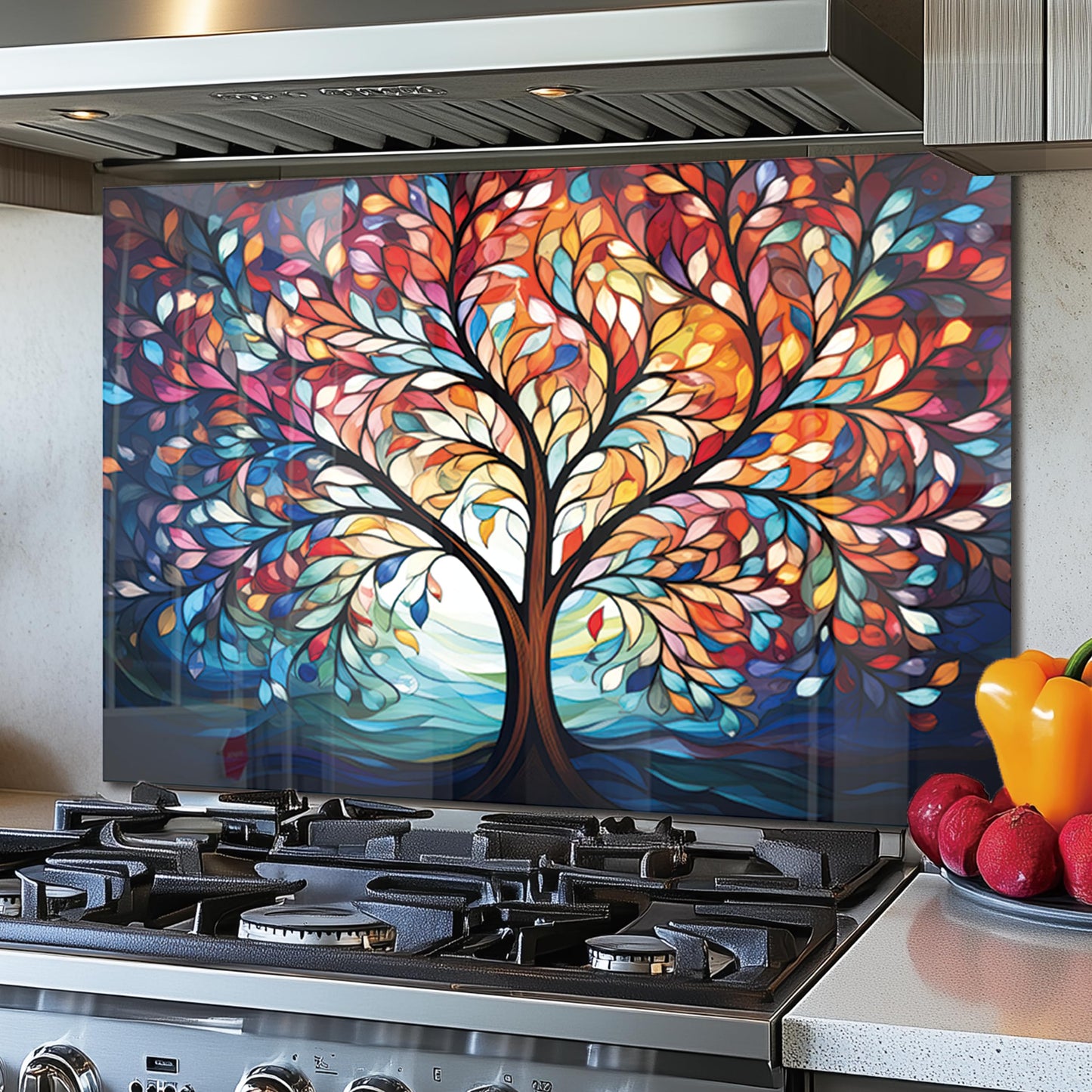 DAIFURONGE Tempered Glass Backsplash for Kitchen, Tree of Life Art Stove Backsplash Protector - Easy to Clean Wall Decor (Art Deco 2, 30"x18"(76.2x45.72cm))