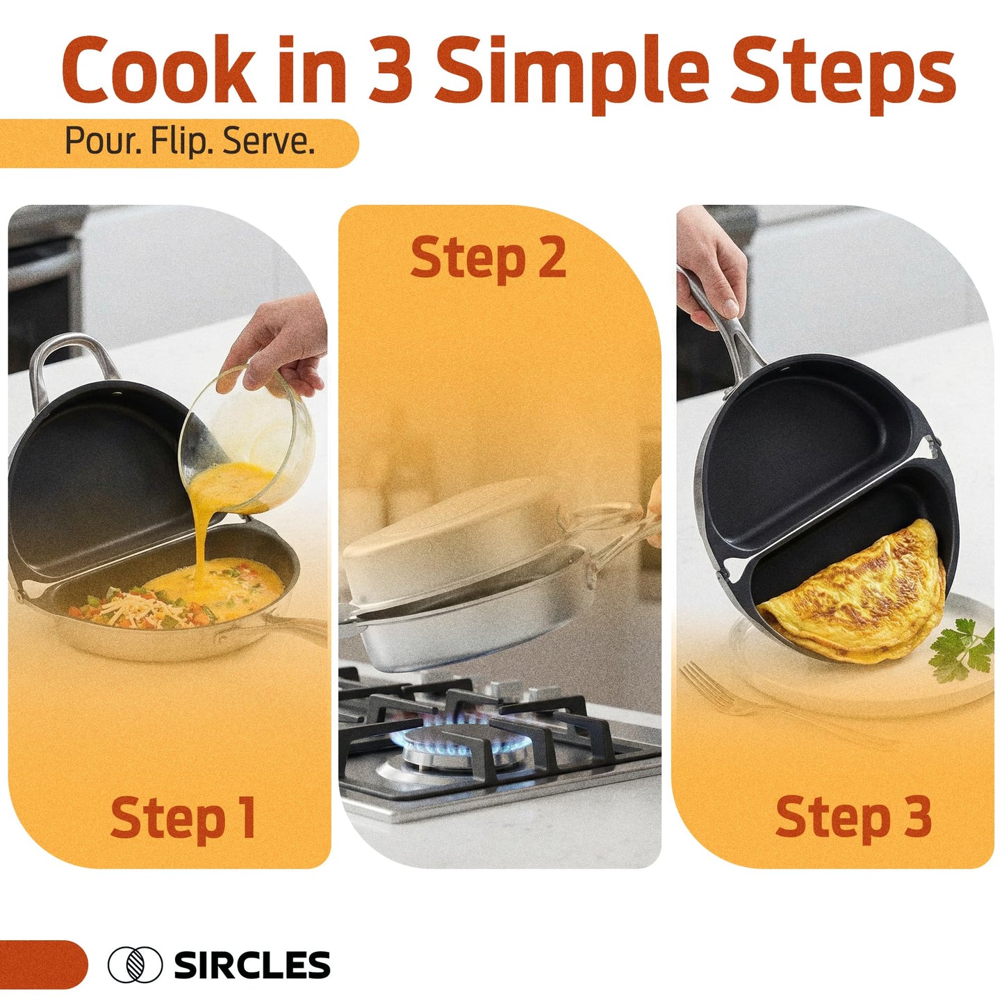 SIRCLES Omelette Pan Double Sided Non Stick Omelette Maker, 3004 Aluminum, Induction Compatible, Dishwasher Safe, PFOA Free, Flip Lock Egg Pan with Spatula & Recipe eBook, Omelette Makers