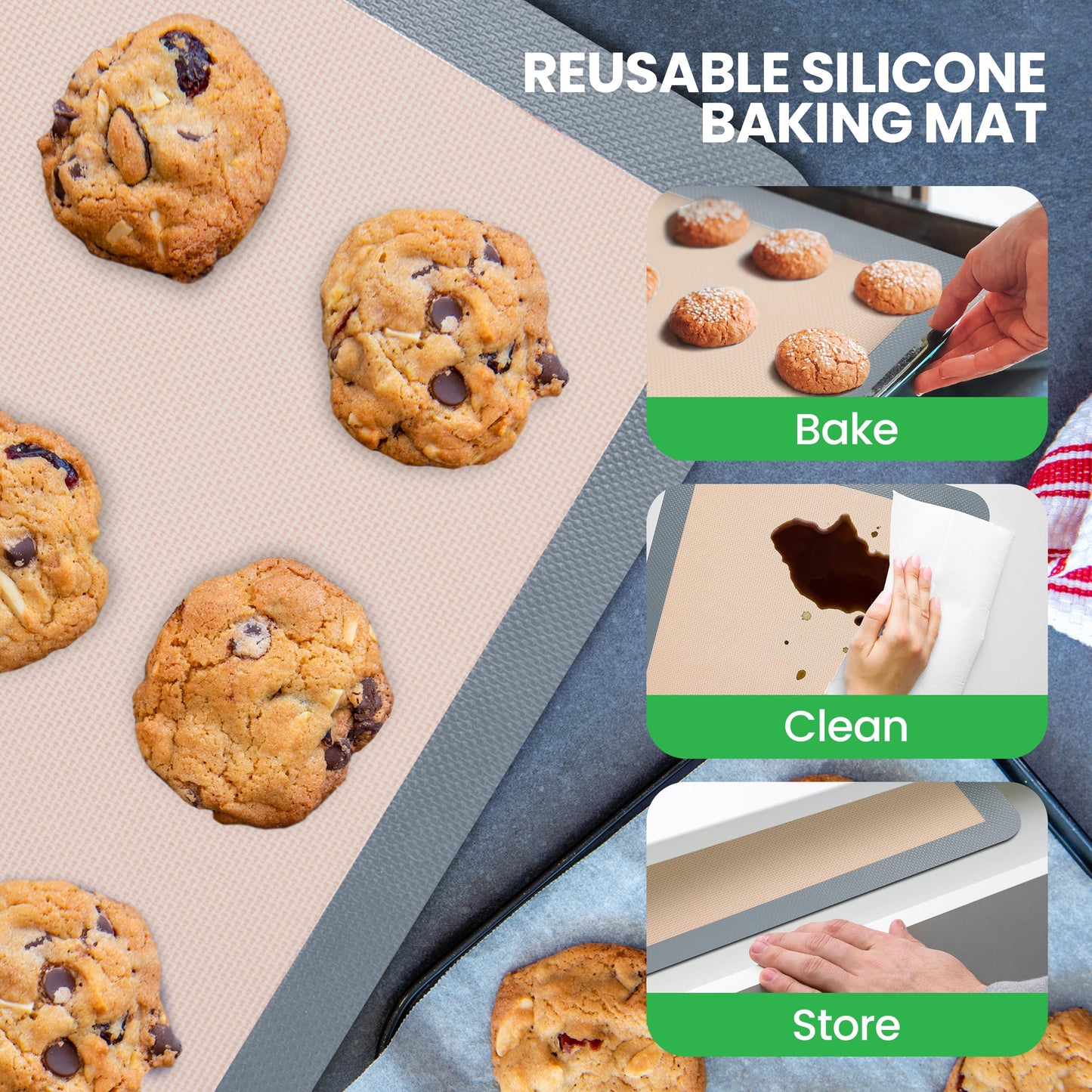 Nutrichef Silicone Baking Mats - 2 Non-stick Food-Grade Silicone Mats - Perfect for Full Baking Pans 24.4 x 16.5 IN - Oven-safe Up to 480 Degrees F - Suitable for Ovens, Freezers, & Dishwashers - Grey