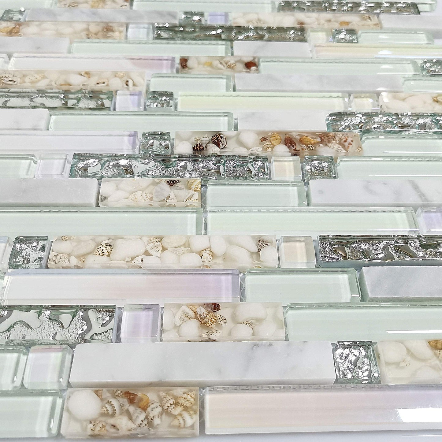 Beach Style Wall Tile Mosaic Kitchen Backsplash Tiles Green Bathroom Silver Glass Conch Stone White Marble Iridescent Mosaic Art Deco Sheets [Pack of 11PCS(12.4x11.8x0.31 Inches/Each)]