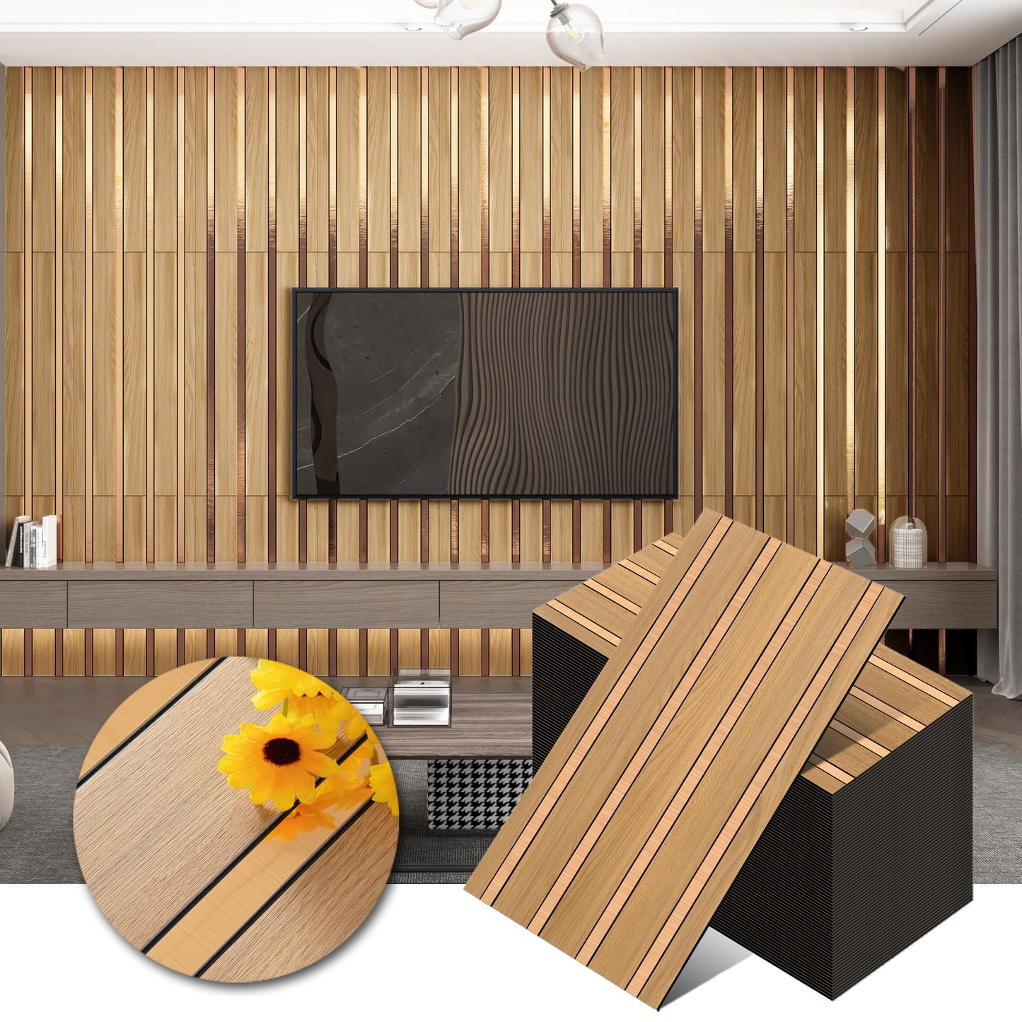 Haimin 3D Wall Panels Wood Grain Slat, 10Pcs 23.6"x11.6" Peel and Stick Self-Adhesive Textured Paneling, Easy DIY Light Luxury Decor for Bedroom Living Room Home (Light Oak with Gold)