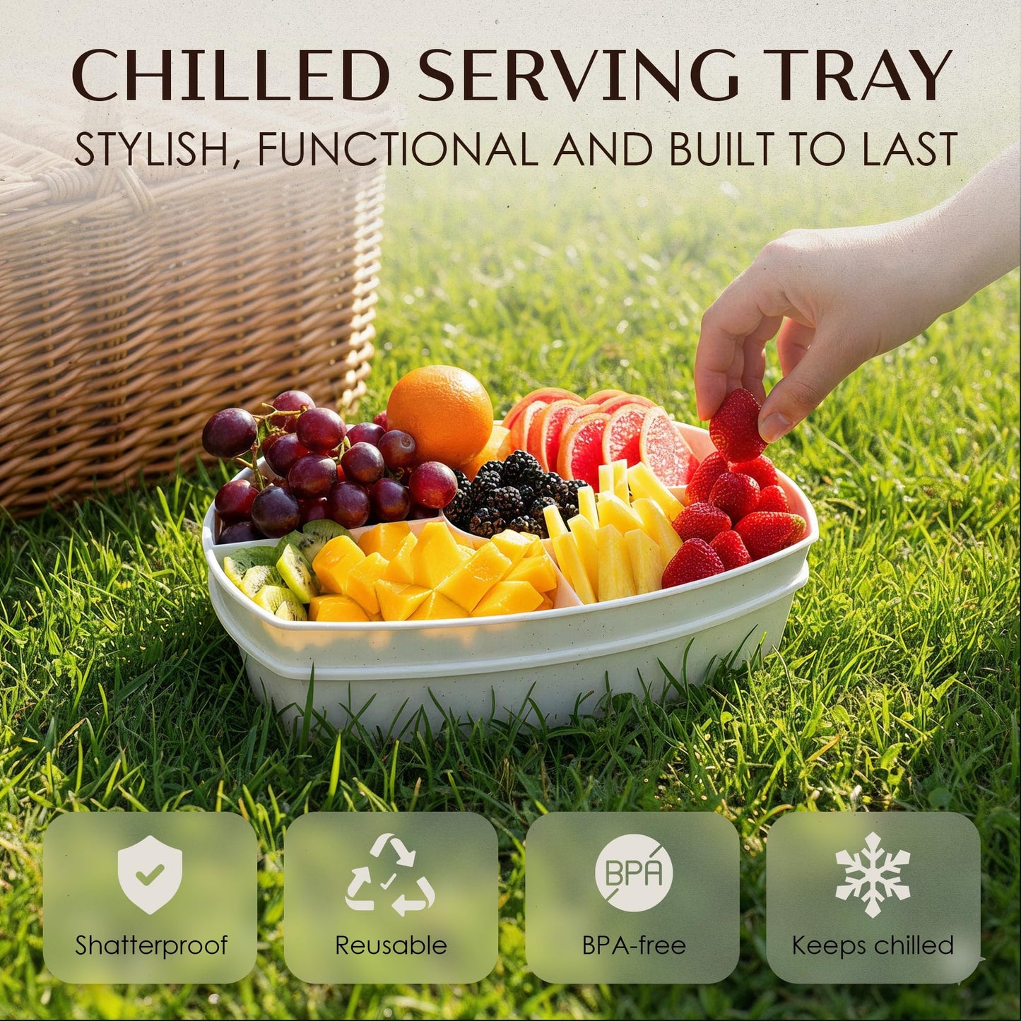 Chilled Serving Tray with Lid 15" - 3-Tier Ice Party Platter with 4 Compartments, Ice Tray, BPA-Free Melamine, Dishwasher & Freezer Safe for Fruits & Vegetables - Cutting Board Included