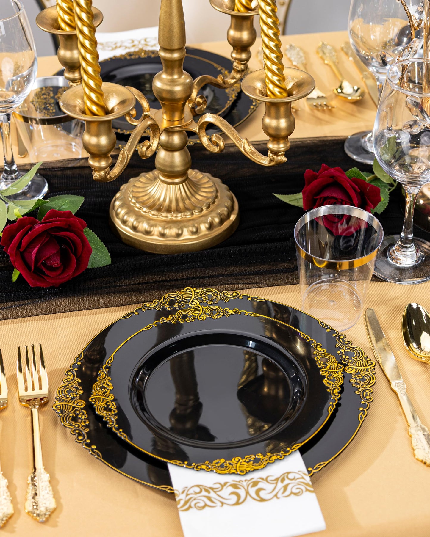 Nervure 350PCS Black Plastic Plates - Black Plastic Dinnerware Sets for 50 Guests - 100 Disposable Plates, 150 Gold Silverware, 50 Cups, 50 Napkins for Wedding & Party & Graduation & Retirement