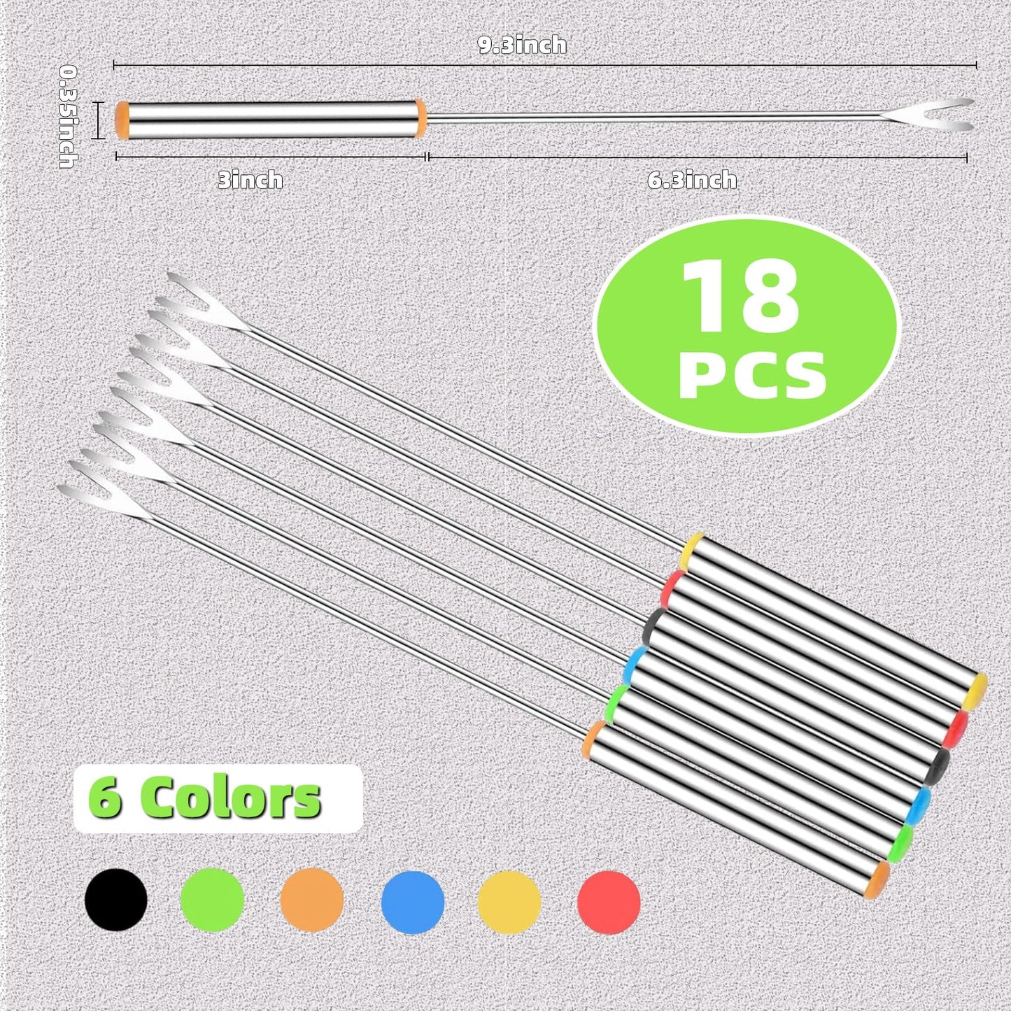 Cptoion 18 Pack Stainless Steel Fondue Forks with Heat-Resistant Handles, 9.3" Long, 6 Colors for Cheese, Chocolate, BBQ, Marshmallows, and Meat Roasting