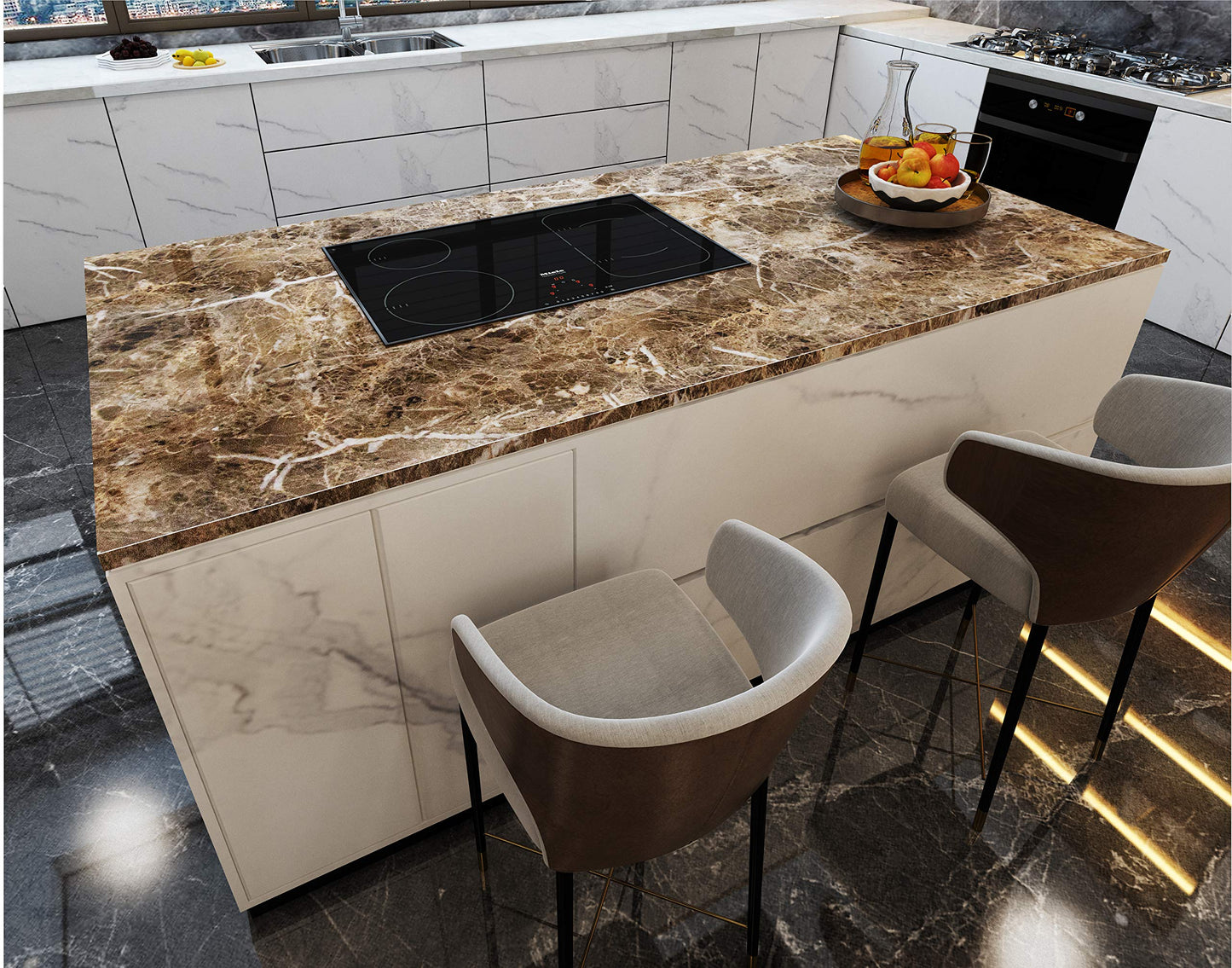 Burgeliy Peel and Stick Waterproof Wallpaper24×196in Vinyl Wrap Protector Auto Modification Tint Film Dark Brown Marble Shiny Granite for Kitchen Countertops Table Desk Furniture Self Adhesive Film