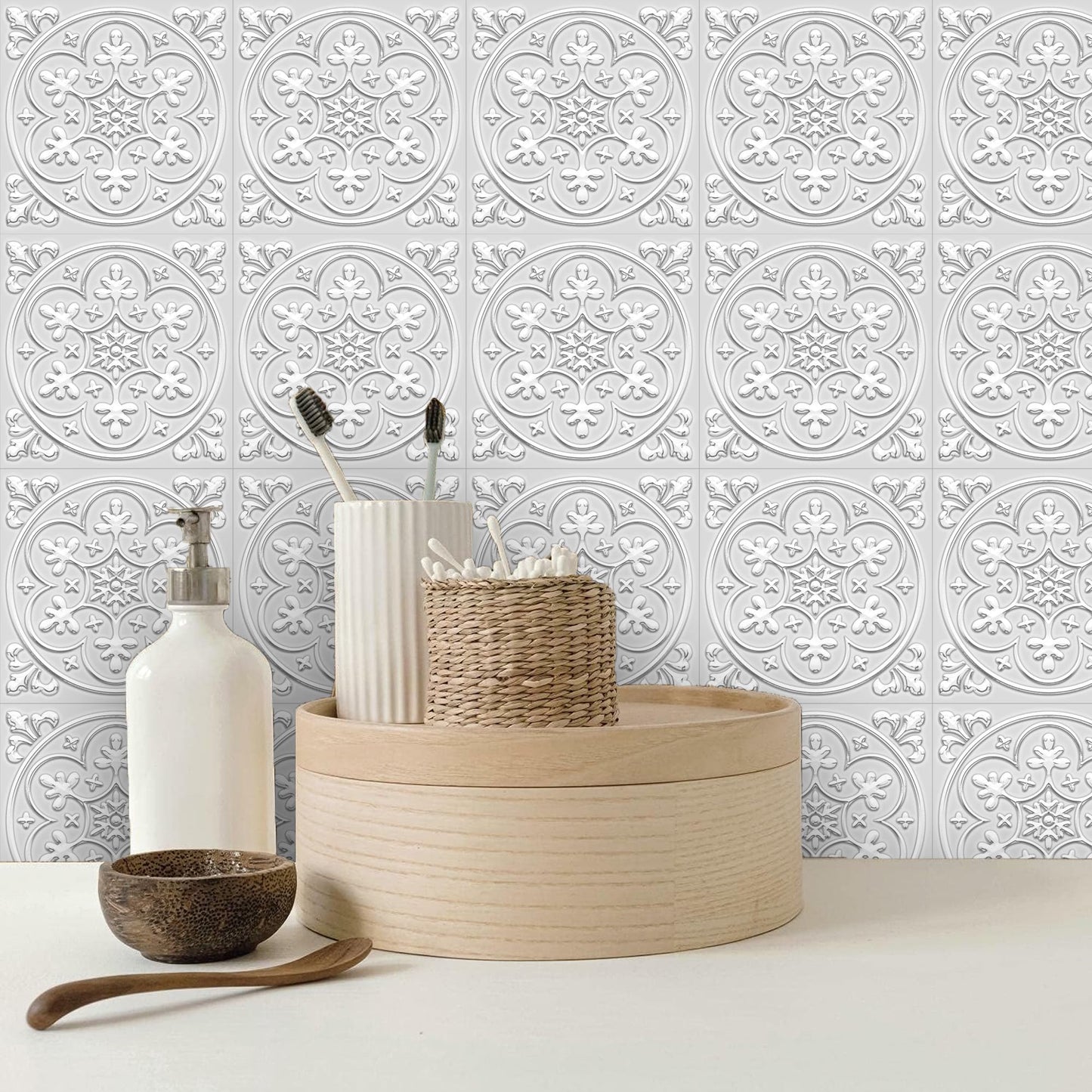 Peel and Stick Wall Tile Stickers Backsplash for Kitchen/Living Room/Bathroom in Metalic Design, 8x8 inch Pack of 10 Self Stick Paper Wall Tile Stickers for Your Home and DIY Projects (Silver)