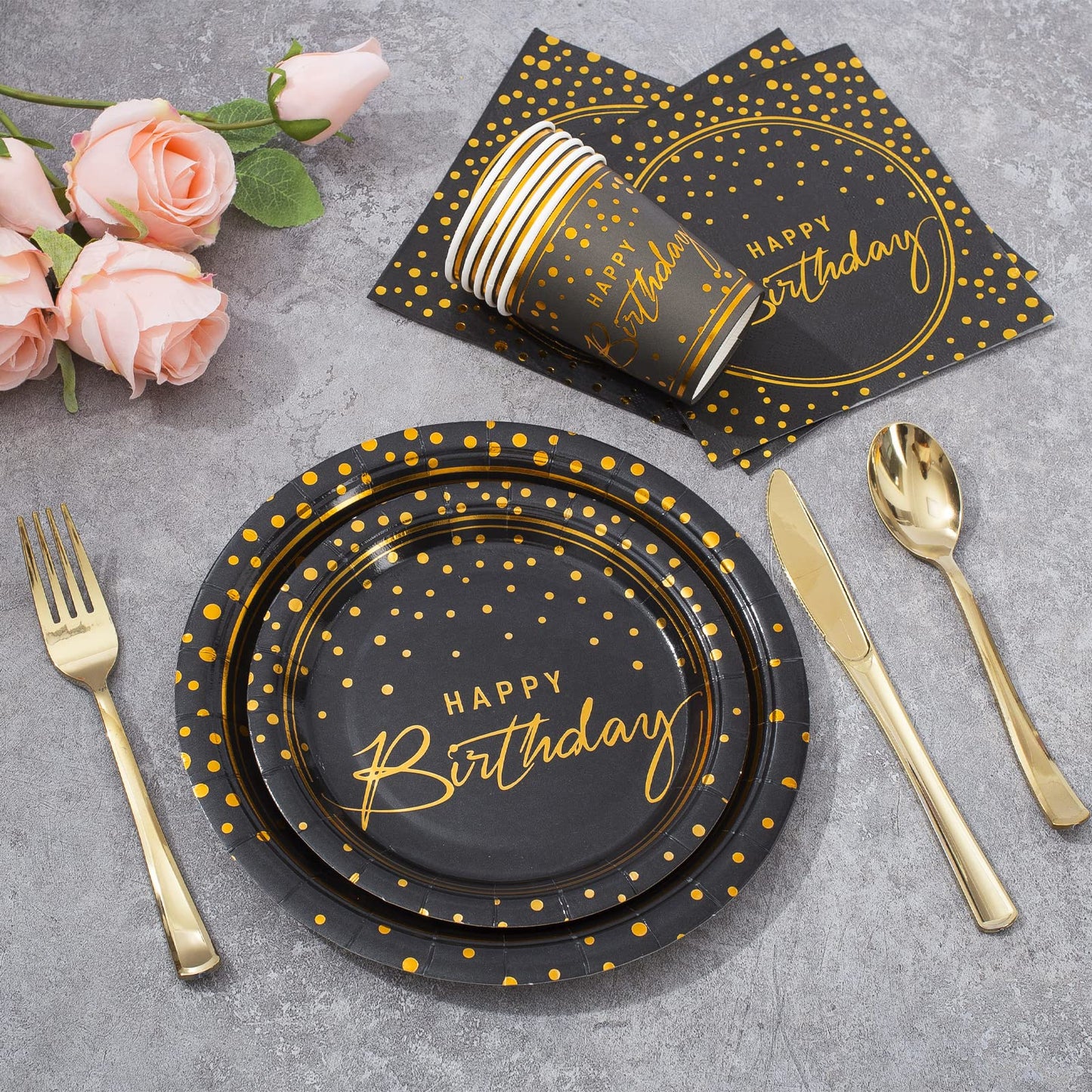 175PCS Happy Birthday Disposable Dinnerware Set Party Supplies, Paper Black Gold Plates and Napkins with Gold Plastic Forks Knives Spoons Serve 25 Guests for Birthday Party Decoration