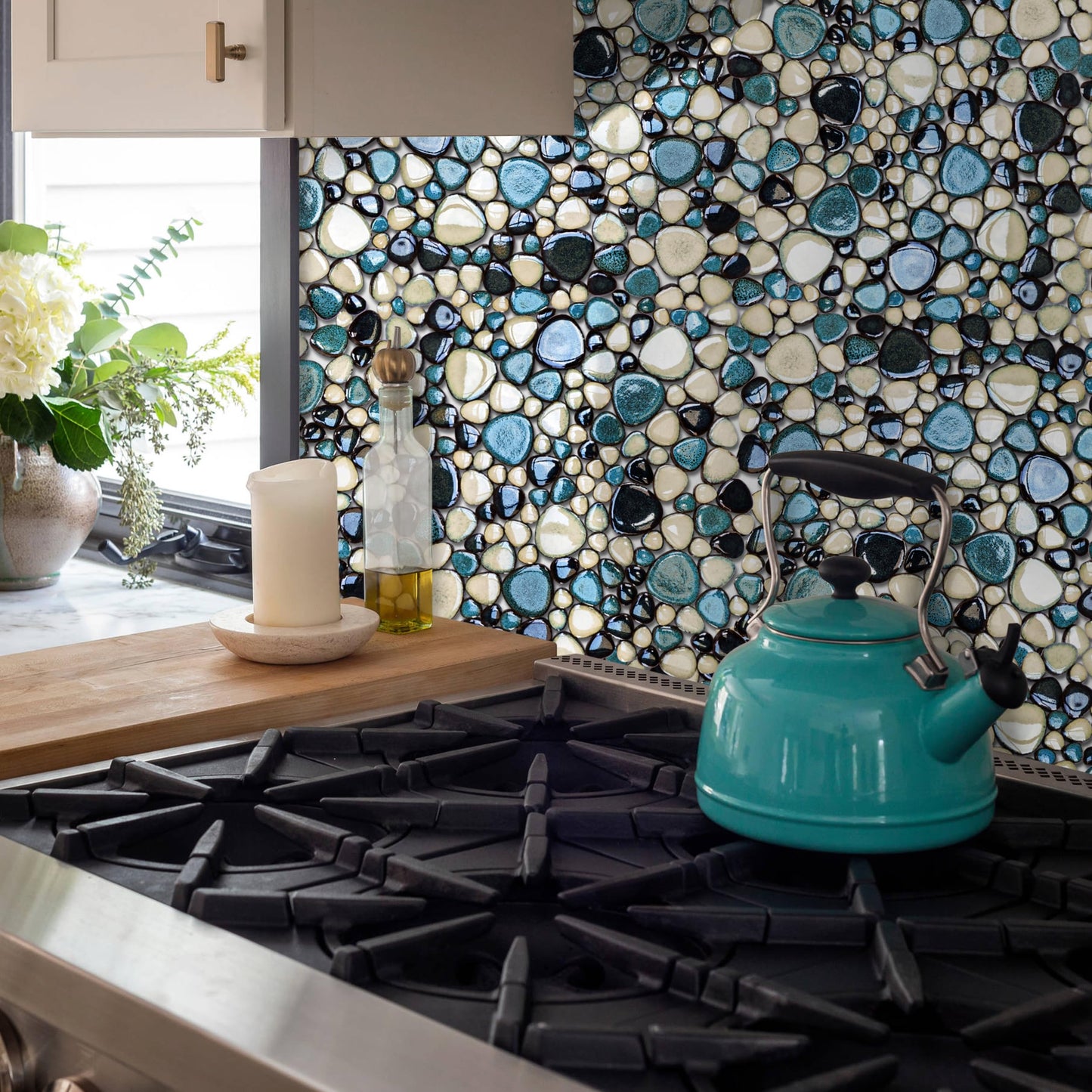 Primoon Pebble Tiles 5 Sheets, Aqua Teal Blue Mosaic Tiles for Accent Wall Backsplash, Pebble Tile for Bathroom Shower Floor