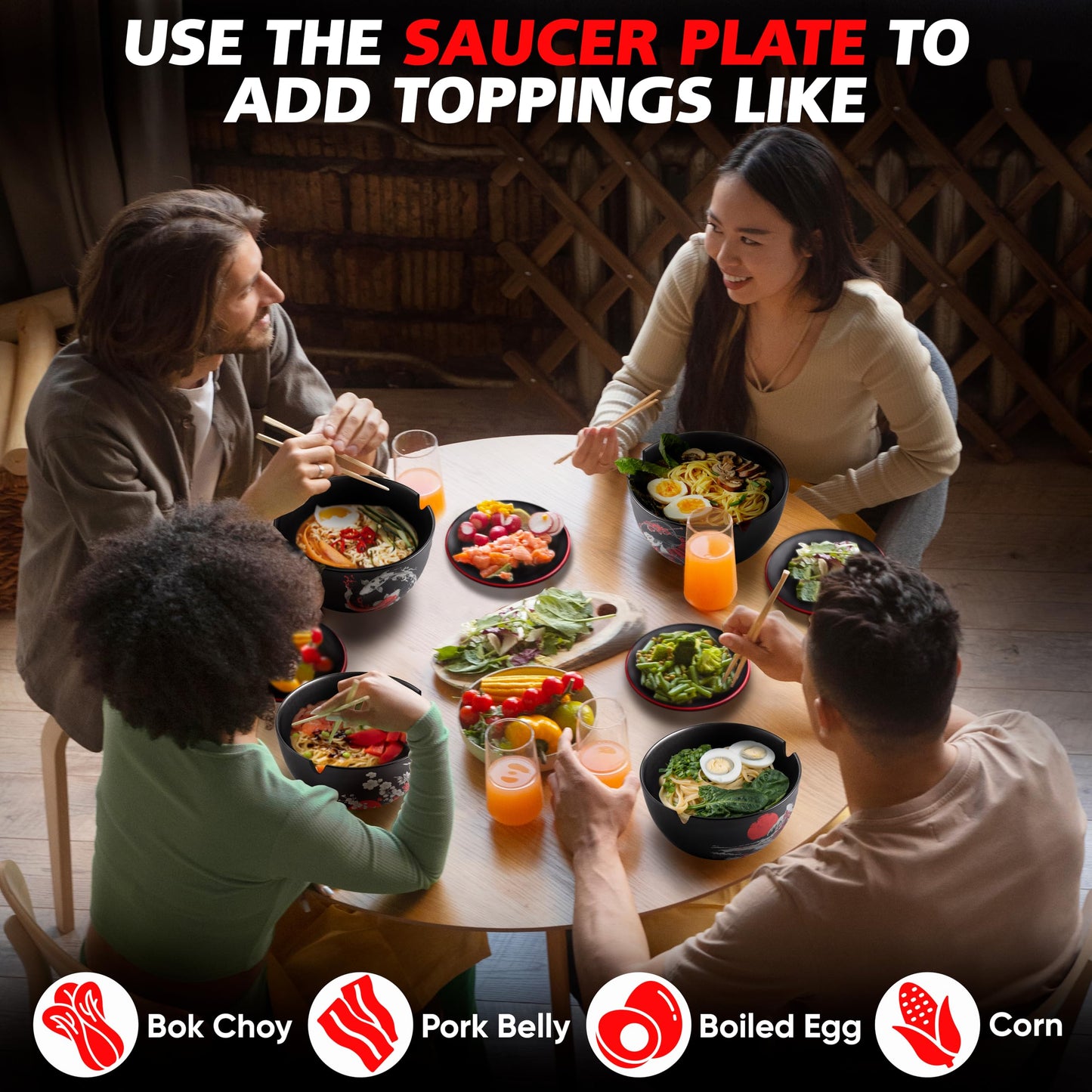 i2 Home Japanese Ramen Bowl Set of 4-20 Pcs, 32 Oz Ceramic Microwaveable & Dishwasher Safe Large Noodle Bowls with Lid & Built-In Chopstick Holder, Pho, Udon, Thai, Korean, Rice - 6.5 Inch