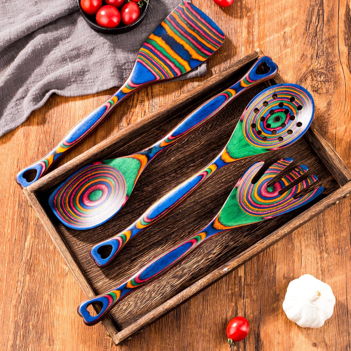 Gudamaye Pakkawood 7-Piece Wooden Cooking Utensils, Wooden Spoons for cooking, Pakkawood kitchen Utensils for Cooking, Non-Stick Spoon, Household Essentials, Heat-Resistant Spoons