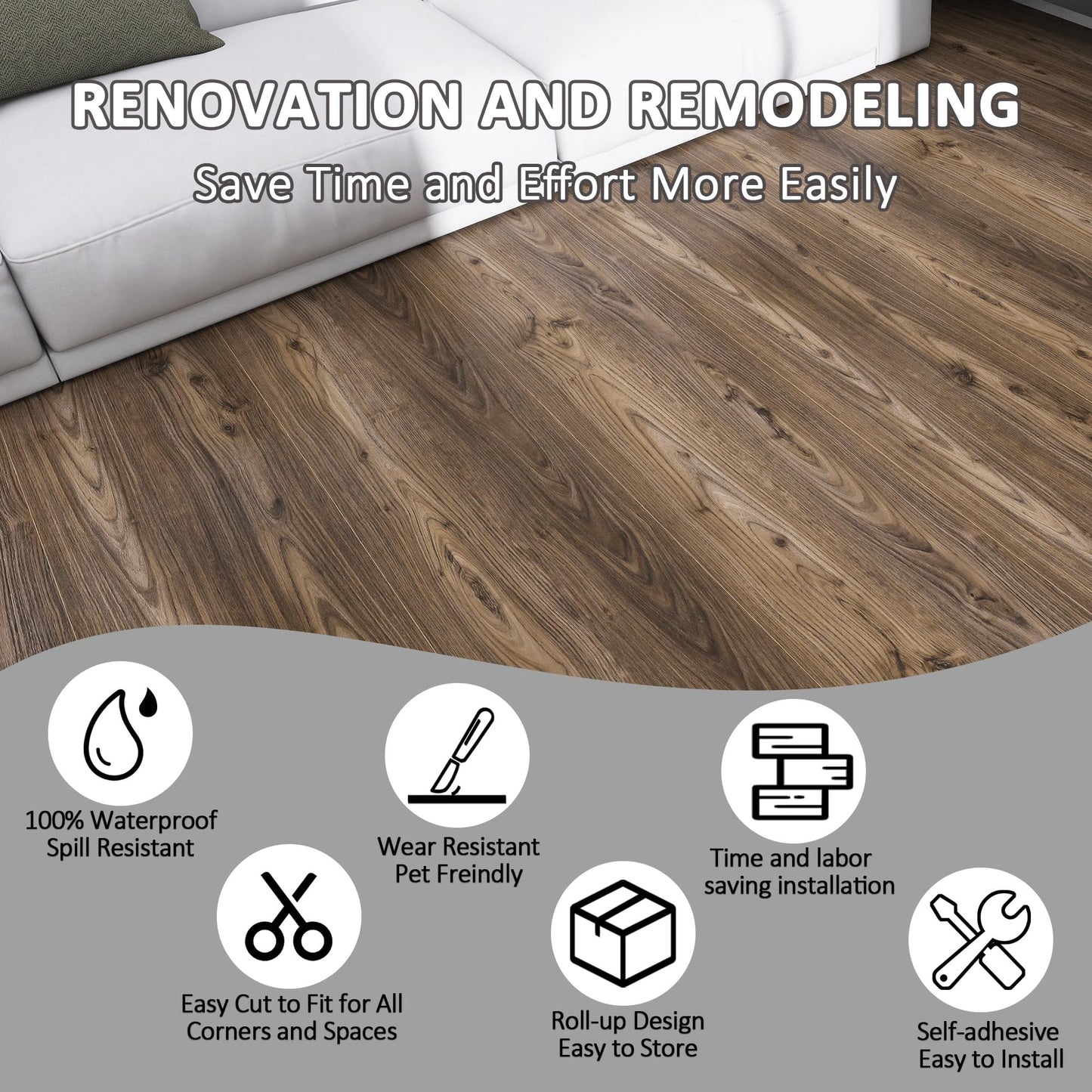 Lareko Peel and Stick Floor Tile – 197" Length 12" Width Roll - Dark Brown Self-Adhesive Vinyl Flooring Waterproof, Wide Wood Plank for Easy Installation, Bedroom, Kitchen (16 Sq.Ft