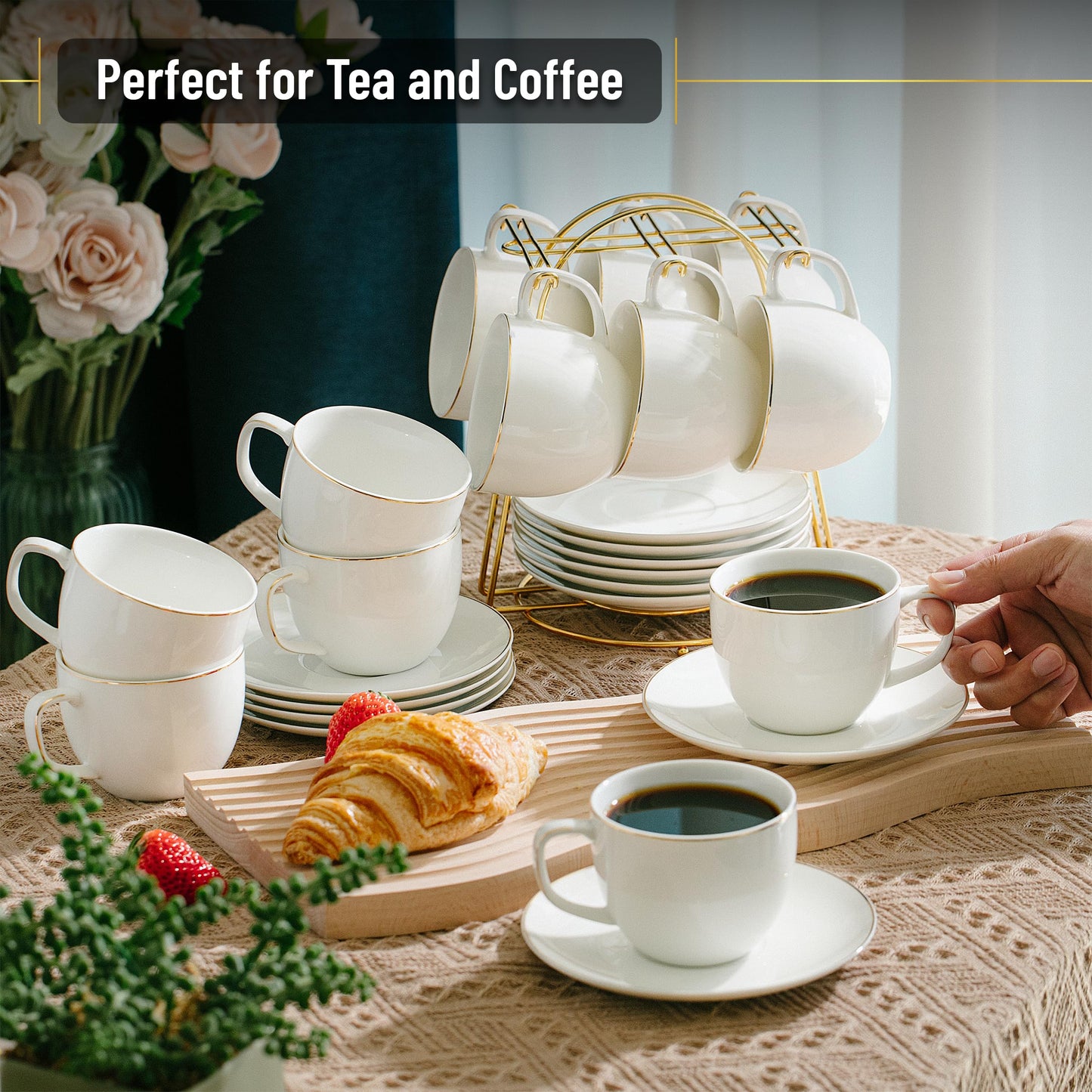 BTaT- Cappuccino Cups with Saucers 8 oz, Set of 12, White Porcelain Coffee Cup and Saucer Set for Latte with Golden Trim Design, Dishwasher Safe, Mocha, Tea, Au Lait, Flat White, Mothers Day Gift