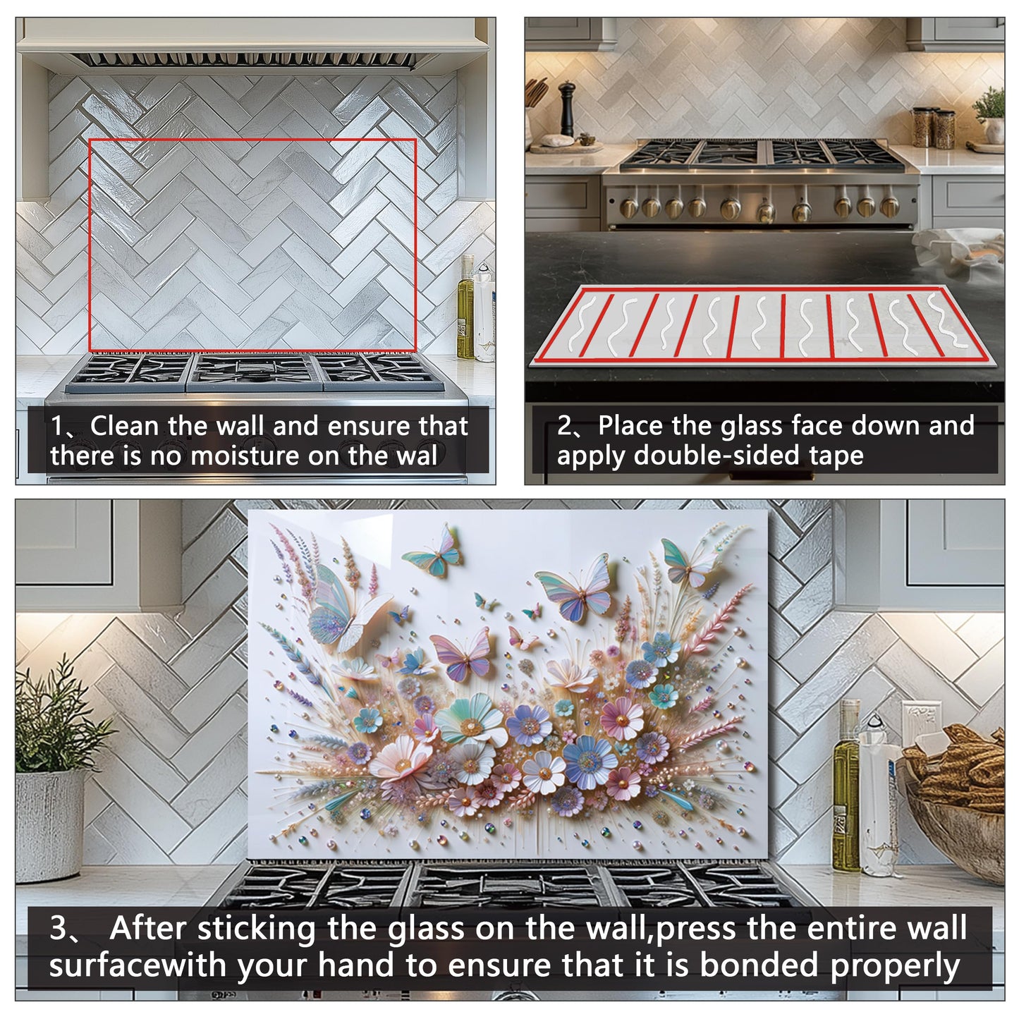 DAIFURONGE Tempered Glass Backsplash for Kitchen, Butterfly Flower Design Stove Backsplash Panel, Easy to Clean, Wall Decor, Art Deco 1, 30"x16"(76.2x40.64cm)