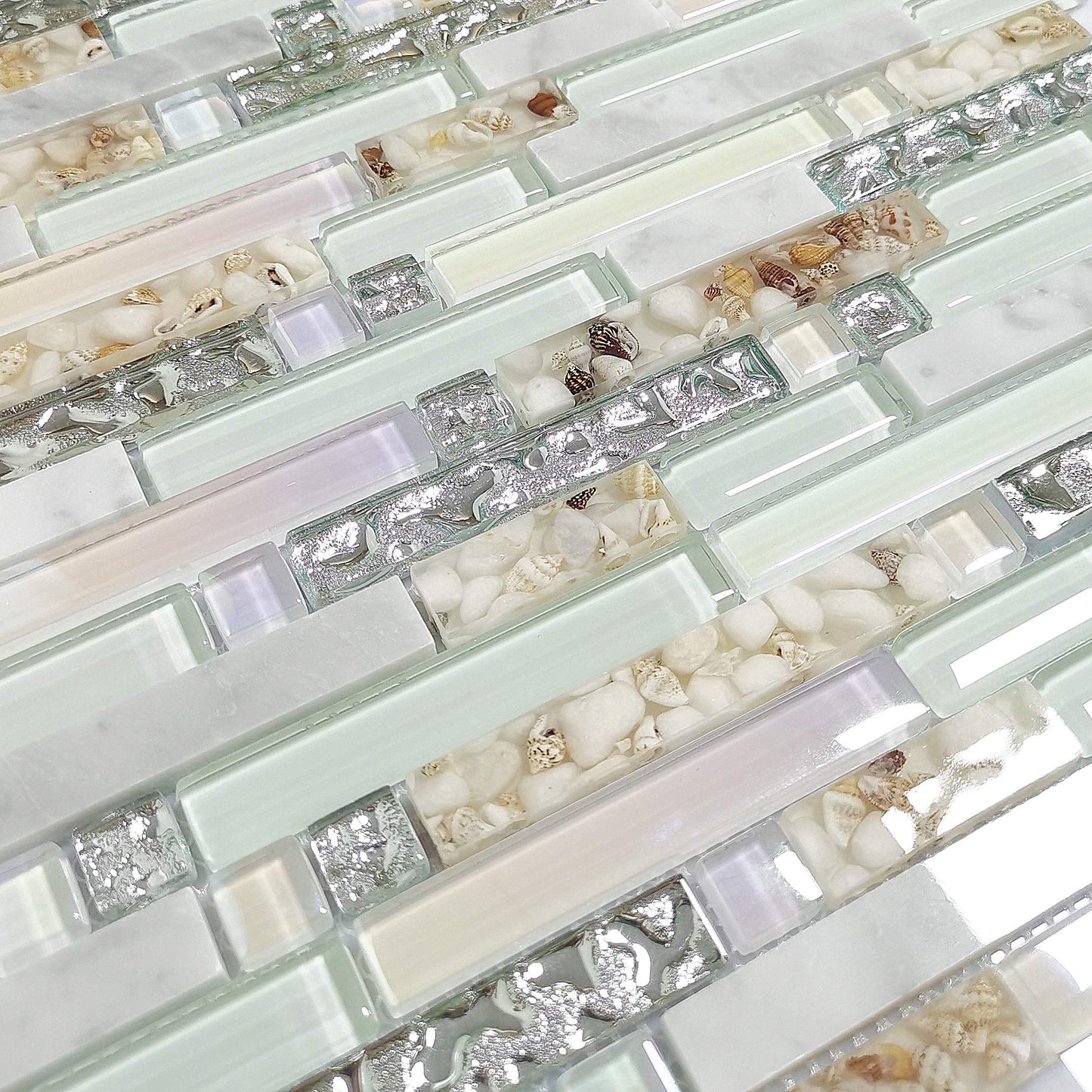 Beach Style Wall Tile Mosaic Kitchen Backsplash Tiles Green Bathroom Silver Glass Conch Stone White Marble Iridescent Mosaic Art Deco Sheets [Pack of 11PCS(12.4x11.8x0.31 Inches/Each)]