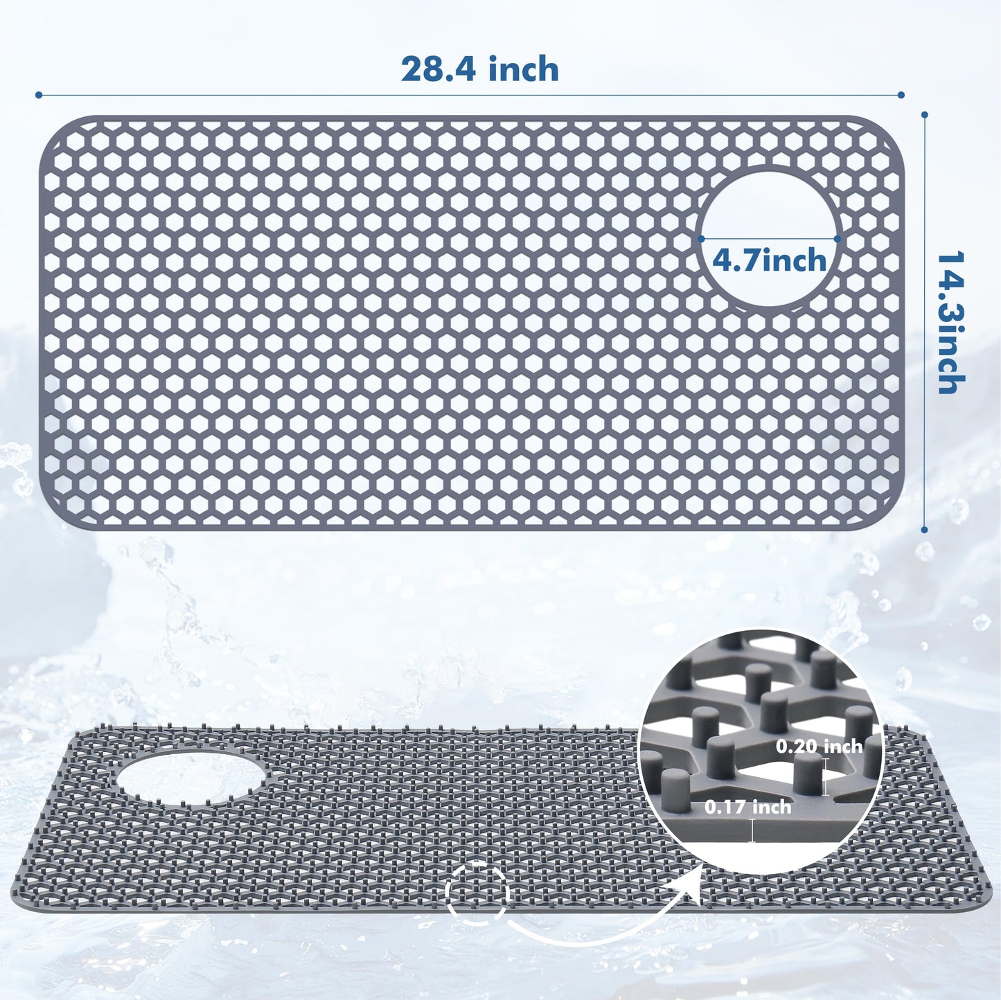 Bestjing Silicone Sink Protectors for Kitchen Sink - 28.4"x 14.3" Kitchen Protector Accessory, Non-Slip Heat Resistant Mat for Bottom of Farmhouse Porcelain Stainless Steel (Top Right Drain Hole,Gray)